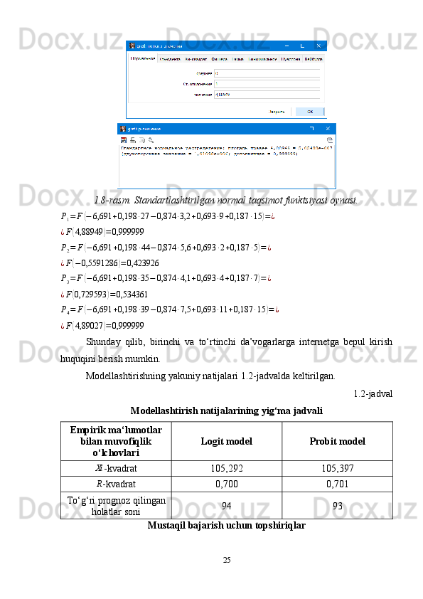 1.8-rasm. Standartlashtirilgan normal taqsimot funktsiyasi oynasi.P1=	F	(−	6,691	+0,198	∙27	−0,874	∙3,2	+0,693	∙9+0,187	∙15	)=¿	
¿F(4,88949	)=0,999999	
P2=	F(−6,691	+0,198	∙44	−	0,874	∙5,6	+0,693	∙2+0,187	∙5)=¿
¿ F	
( − 0,5591286	) = 0,423926
P
3 = F	
( − 6,691 + 0,198 ∙ 35 − 0,874 ∙ 4,1 + 0,693 ∙ 4 + 0,187 ∙ 7	) = ¿	
¿F(0,729593	)=0,534361	
P4=	F(−6,691	+0,198	∙39	−0,874	∙7,5	+0,693	∙11	+0,187	∙15	)=¿
¿ F	
( 4,89027	) = 0,999999
Shunday   qilib,   birinchi   va   to‘rtinchi   da’vogarlarga   internetga   bepul   kirish
huquqini berish mumkin. 
Modellashtirishning yakuniy natijalari 1.2-jadvalda keltirilgan.
1.2-jadval
Modellashtirish natijalarining  yig‘ma  jadvali
Empirik ma‘lumotlar
bilan muvofiqlik
o‘lchovlari Logit model Probit model	
Xi
-kvadrat 105,292 105,397
R
-kvadrat 0,700 0,701
To ‘ g ‘ ri prognoz qilingan
holatlar soni 94 93
Mustaqil bajarish uchun topshiriqlar
25 