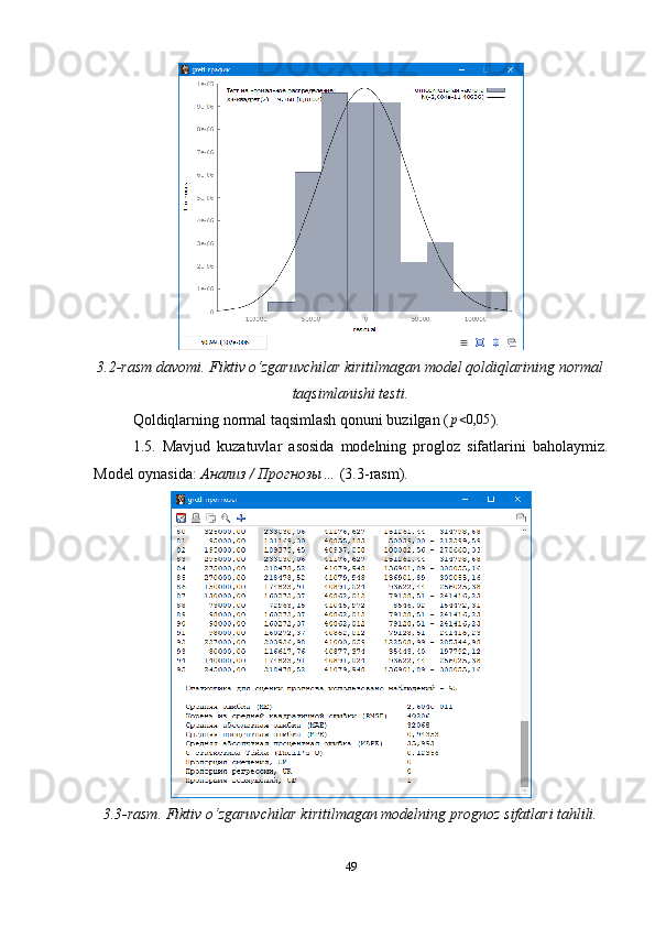 3.2-rasm davomi. Fiktiv o‘zgaruvchilar kiritilmagan model qoldiqlarining normal
taqsimlanishi testi.
Qoldiqlarning normal taqsimlash qonuni buzilgan ( p < 0,05
).
1.5.   Mavjud   kuzatuvlar   asosida   modelning   progloz   sifatlarini   baholaymiz.
Model oynasida:  Анализ / Прогнозы…  (3.3-rasm).
3.3-rasm. Fiktiv o‘zgaruvchilar kiritilmagan modelning prognoz sifatlari tahlili.
49 