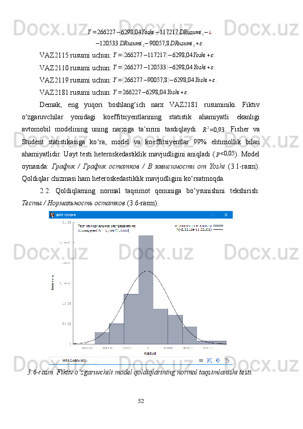 Y = 266227 − 6298,04 Yoshi − 117217 DRusumi
1 − ¿−120533	DRusumi	2−	90057,8	DRusumi	3+ε.
VAZ2115  rusumi uchun :  	
Y=(266277	−117217	)−	6298,04	Yoshi	+ε.
VAZ211 0 rusumi uchun :   Y =	
( 266277 − 120533	) − 6298,04 Yoshi + ε .
VAZ211 9 rusumi uchun :   Y =	
( 266277 − 90057,8	) − 6298,04 Yoshi + ε .
VAZ21 81 rusumi uchun :  	
Y=266227	−6298,04	Yoshi	+ε .
Demak,   eng   yuqori   boshlang‘ich   narx   VAZ2181   rusuminiki.   Fiktiv
o‘zgaruvchilar   yonidagi   koeffitsiyentlarining   statistik   ahamiyatli   ekanligi
avtomobil   modelining   uning   narxiga   ta’sirini   tasdiqlaydi.  
R 2
= 0,93 .   Fisher   va
Student   statistikasiga   ko ‘ ra,   model   va   koeffitsiyentlar   99%   ehtimollik   bilan
ahamiyatlidir. Uayt testi heteroskedastiklik mavjudligini aniqladi (	
p<0,05 ).   Model
oynasida:   График   /   График   остатков   /   В   зависимости   от   Yoshi   (3.1-rasm).
Qoldiqlar chizmasi ham heteroskedastiklik mavjudligini ko‘rsatmoqda.
2.2.   Qoldiqlarning   normal   taqsimot   qonuniga   bo‘ysunishini   tekshirish:
Тесты  /  Нормальность   остатков  (3.6-rasm).
3.6-rasm. Fiktiv o‘zgaruvchili model qoldiqlarining normal taqsimlanishi testi.
52