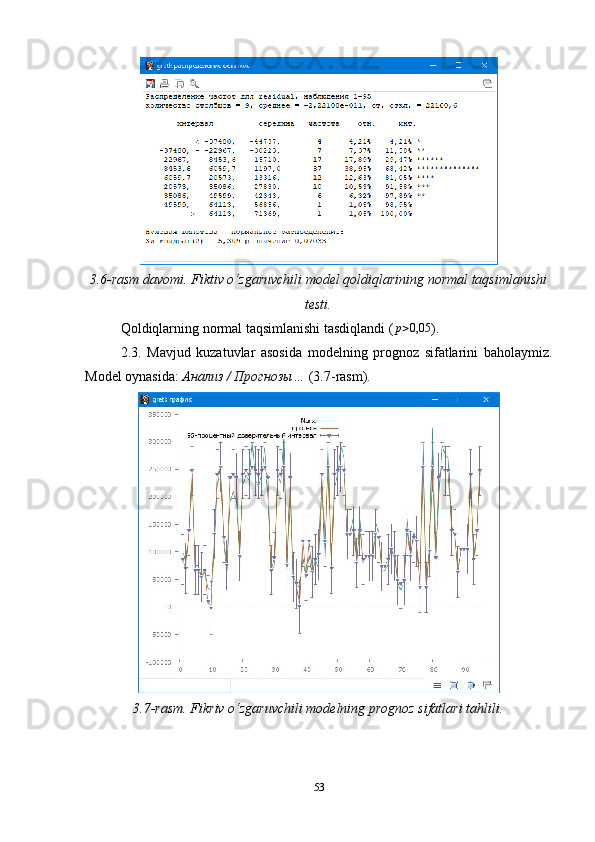 3.6-rasm davomi. Fiktiv o‘zgaruvchili model qoldiqlarining normal taqsimlanishi
testi.
Qoldiqlarning normal taqsimlanishi tasdiqlandi (p>0,05 ).
2.3.   Mavjud   kuzatuvlar   asosida   modelning   prognoz   sifatlarini   baholaymiz.
Model oynasida:  Анализ / Прогнозы…  (3.7-rasm).
3.7-rasm. Fikriv o‘zgaruvchili modelning prognoz sifatlari tahlili.
53