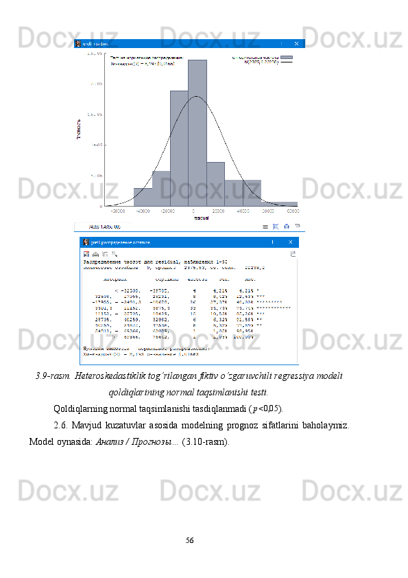 3.9-rasm. Heteroskedastiklik tog ‘ rilangan fiktiv o ‘ zgaruvchili regressiya modeli
qoldiqlarining normal taqsimlanishi testi.
Qoldiqlarning normal taqsimlanishi tasdiqlanmadi (p<0,05 ).
2.6.   Mavjud   kuzatuvlar   asosida   modelning   prognoz   sifatlarini   baholaymiz.
Model oynasida:  Анализ / Прогнозы…  (3.10-rasm).
56 