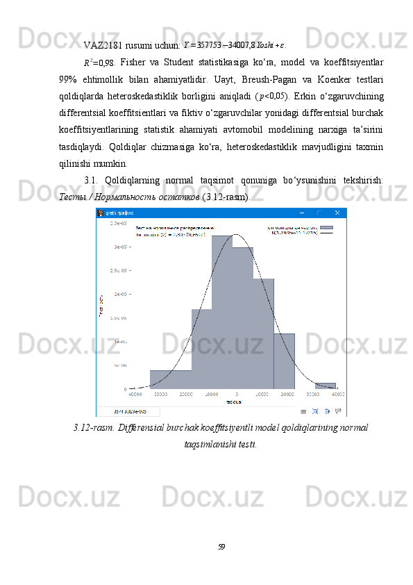 VAZ21 81 rusumi uchun :  Y=357753	−34007,8	Yoshi	+ε.	
R2=0,98
.   Fisher   va   Student   statistikasiga   ko‘ra,   model   va   koeffitsiyentlar
99%   ehtimollik   bilan   ahamiyatlidir.   Uayt,   Breush-Pagan   va   Koenker   testlari
qoldiqlarda   heteroskedastiklik   borligini   aniqladi   ( p < 0,05
).   Erkin   o‘zgaruvchining
differentsial koeffitsientlari va fiktiv o‘zgaruvchilar yonidagi differentsial burchak
koeffitsiyentlarining   statistik   ahamiyati   avtomobil   modelining   narxiga   ta’sirini
tasdiqlaydi.   Qoldiqlar   chizmasiga   ko‘ra,   heteroskedastiklik   mavjudligini   taxmin
qilinishi mumkin.
3.1.   Qoldiqlarning   normal   taqsimot   qonuniga   bo ‘ ysunishini   tekshirish:
Тесты  /  Нормальность   остатков  (3.12-rasm).
3.12-rasm. Differensial burchak koeffitsiyentli model qoldiqlarining normal
taqsimlanishi testi.
59 