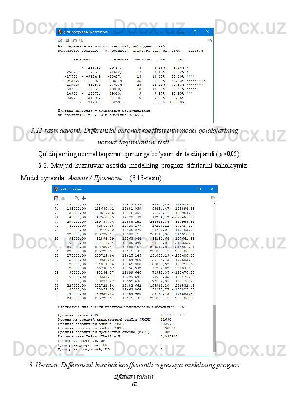 3.12-rasm davomi. Differensial burchak koeffitsiyentli model qoldiqlarining
normal taqsimlanishi testi.
Qoldiqlarning normal taqsimot qonuniga bo ‘ ysunishi tasdiqlandi (p>0,05 ).
3.2.   Mavjud   kuzatuvlar   asosida   modelning   prognoz   sifatlarini   baholaymiz.
Model oynasida:  Анализ / Прогнозы…  (3.13-rasm).
3.13-rasm.  Differensial burchak koeffitsientli regressiya modeli ning prognoz
sifatlari tahlili.
60 