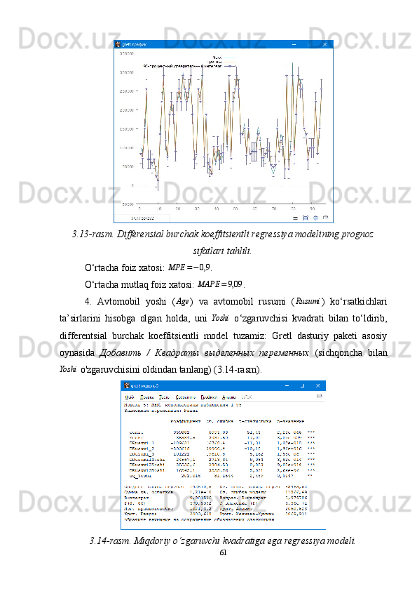 3.13-rasm.  Differensial burchak koeffitsientli regressiya modeli ning prognoz
sifatlari tahlili.
O ‘ rtacha foiz xatosi:  MPE = − 0,9
.
O ‘ rtacha mutlaq foiz xatosi: MAPE	=	9,09 .
4.   Avtomobil   yoshi   (	
Age )   va   avtomobil   rusumi   (	Rusumi )   ko ‘ rsatkichlari
ta’sirlarini   hisobga   olgan   holda,   uni  	
Yoshi   o ‘ zgaruvchisi   kvadrati   bilan   to ‘ ldirib,
differentsial   burchak   koeffitsientli   model   tuzamiz:   Gretl   dasturiy   paketi   asosiy
oynasida   Добавить   /   Квадраты   выделенных   переменных   (sichqoncha   bilan	
Yoshi
 o'zgaruvchisini oldindan tanlang) (3.14-rasm).
3.14-rasm. Miqdoriy o ‘ zgaruvchi kvadratiga ega regressiya modeli.
61 