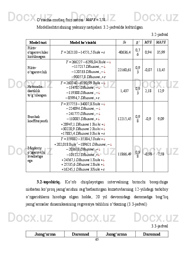 O ‘ rtacha mutlaq foiz xatosi: MAPE	=	7,58 . 
Modellashtirishning yakuniy natijalari 3.2-jadvalda keltirilgan.
3.2- jadval
Model turi Model ko’rinishi Se	
R2 MPE MAPE
Fiktiv 
o'zgaruvchilar
kiritilmagan	
Y=262133	−14551,5	Yoshi	+ε 40636 ,4 0,7
6 0,94 35,99
Fiktiv 
o‘zgaruvchili Y = 266227 − 6298,04 Yoshi − ¿	
−117217	DRusumi	1−¿
− 120533 DRusumi
2 − ¿	
−90057,8	DRusumi	3+ε 22160,61 0,9
3 -0,07 13,45
Heteroske-
dastiklik 
to‘g‘rilangan Y = 260740 − 6190,99 Yoshi − ¿	
−114785	DRusumi	1−	¿
− 119388 DRusumi
2 − ¿	
−85994,7	DRusumi	3+ε. 1,437 0,9
3 2,18 12,9
Burchak 
koeffitsiyentli Y = 357753 − 34007,8 Yoshi − ¿	
−224094	DRusumi	1−¿
− 241775 DRusumi
2 − ¿	
−110085	DRusumi	3+¿	
+28947,1	DRusumi	1Yos	hi+¿	
+30220,9	DRusumi	2Yos	hi+¿
+ 17885,4 DRusumi 3 Yos h i + ε 12215,45 0,9
8 -0,9 9,09
Miqdoriy  
o ‘ zgaruvchi  
kvadratiga  
ega	
Y=359882	−	35384,5	Yoshi	+¿	
+202,018	Yoshi	2−189621	DRusumi	1−¿	
−203618	DRusumi	2−¿ − 101222 DRusumi
3 + ¿	
+24567,1	DRusumi	1Yoshi	+¿	
+25535,6	DRusumi	2Yoshi	+¿	
+16245,1	DRusumi	3Yoshi	+ε 11866,49 0,9
8 -0,98 7,58
3.2-topshiriq.   Ko ‘ rib   chiqilayotgan   intervalning   birinchi   bosqichiga
nisbatan ko ‘ proq jamg ‘ arishni rag ‘ batlantirgan kuzatuvlarning 12-yilidagi tarkibiy
o ‘ zgarishlarni   hisobga   olgan   holda,   20   yil   davomidagi   daromadga   bog ‘ liq
jamg ‘ armalar dinamikasining regressiya tahlilini o ‘ tkazing (3.3-jadval)
3.3-jadval 
Jamg ‘ arma Daromad Jamg ‘ arma Daromad
65 