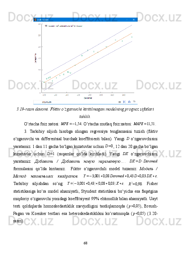 3.19-rasm davomi. Fiktiv o‘zgaruvchi kiritilmagan modelning prognoz sifatlari
tahlili.
O ‘ rtacha foiz xatosi: MPE	=−1,54 . O ‘ rtacha mutlaq foiz xatosi: 	MAPE	=11,51 .
3.   Tarkibiy   siljish   hisobga   olingan   regressiya   tenglamasini   tuzish   (fiktiv
o‘zgaruvchi   va  differentsial  burchak  koeffitsienti   bilan). Yangi  	
D   o‘zgaruvchisini
yaratamiz. 1 dan 11 gacha bo‘lgan kuzatuvlar uchun  D = 0
, 12 dan 20 gacha bo‘lgan
kuzatuvlar   uchun  	
D=1   (raqamlar   qo‘lda   kiritiladi).   Yangi  	DX   o ‘ zgaruvchisini
yaratamiz :   Добавить   /   Добавить   новую   переменную… .   DX = D ∙ Daromad
formulasini   qo ‘ lda   kiritamiz .     Fiktiv   o ‘ zgaruvchili   model   tuzamiz :   Модель   /
Метод   наименьших   квадратов.   Y = − 3,001 + 0,08 Daromad + 0,43 D + 0,03 DX + ε
.
Tarkibiy   siljishdan   so ‘ ng :   Y =	
( − 3,001 + 0,43	) +	( 0,08 + 0,03	) X + ε
.  	R2=0,98 .   Fisher
statistikasiga   ko ‘ ra   model   ahamiyatli ,   Styudent   statistikasi   bo ‘ yicha   esa   faqatgina
miqdoriy   o ‘ zgaruvchi   yonidagi   koeffitsiyent  99%  ehtimollik   bilan   ahamiyatli .  Uayt
testi   qoldiqlarda   homoskedastiklik   mavjudligini   tasdiqlamoqda   ( p > 0,05
),   Breush -
Pagan   va   Koenker   testlari   esa   heteroskedastiklikni   ko ‘ rsatmoqda   (
p<0,05 )   (3.20-
rasm ).
68 