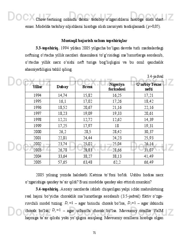 Chow   testining   nolinchi   farazi:   tarkibiy   o‘zgarishlarni   hisobga   olish   shart
emas. Modelda tarkibiy siljishlarni hisobga olish zaruriyati tasdiqlamadi ( p > 0,05
).
Mustaqil bajarish uchun topshiriqlar
3.3-topshiriq.   1994 yildan 2005 yilgacha bo‘lgan davrda turli markalardagi
neftning o‘rtacha yillik narxlari dinamikasi to‘g‘risidagi ma’lumotlarga asoslanib,
o‘rtacha   yillik   narx   o‘sishi   neft   turiga   bog’liqligini   va   bu   omil   qanchalik
ahamiyatliligini tahlil qiling.
3.4-jadval
Yillar Dubay Brent Nigeri ya
for k ados i G ‘ arbiy Texas
nefti
1994 14,74 15,82 16,25 17,21
1995 16,1 17,02 17,26 18,42
1996 18,52 20,67 21,16 22,16
1997 18,23 19,09 19,33 20,61
1998 12,21 12,72 12,62 14,39
1999 17,25 17,97 18 19,31
2000 26,2 28,5 28,42 30,37
2001 22,81 24,44 24,23 25,93
2002 23,74 25,02 25,04 26,16
2003 26,78 28,83 28,66 31,07
2004 33,64 38,27 38,13 41,49
2005 57,65 63,48 62,2 66,49
2005   yilning   yozida   halokatli   Katrina   to‘foni   bo'ldi.   Ushbu   hodisa   narx
o‘zgarishiga qanday ta’sir qildi? Buni modelda qanday aks ettirish mumkin?
3.4-topshiriq.   Asosiy narxlarda ishlab chiqarilgan yalpi ichki mahsulotning
real   hajmi   bo‘yicha   choraklik   ma’lumotlarga   asoslanib   (3.5-jadval)   fiktiv   o‘zga-
ruvchili   model   tuzing:  D1=1   –   agar   birinchi   chorak   bo‘lsa,  	D2=1   –   agar   ikkinchi
chorak   bo‘lsa,   D
3 = 1
  –   agar   uchinchi   chorak   bo‘lsa.   Mavsumiy   omillar   YaIM
hajmiga ta’sir qilishi yoki yo‘qligini aniqlang. Mavsumiy omillarni hisobga olgan
71