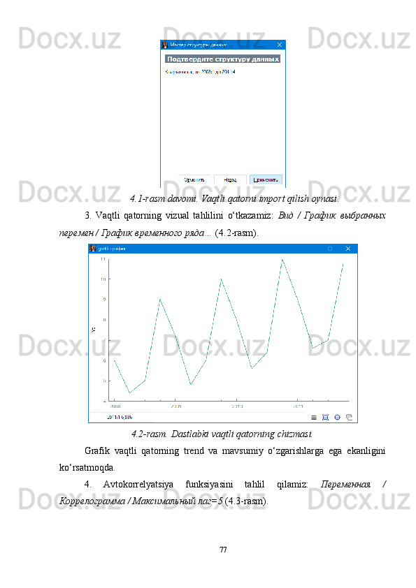 4.1 -rasm davomi.  Vaqt li qatorni  import qilish oynasi .
3.   Vaqtli   qatorning   vizual   tahlilini   o‘tkazamiz:   Вид   /   График   выбранных
перемен  / График временного ряда…  (4.2-rasm).
4.2-rasm. Dastlabki vaqtli qatorning chizmasi.
Grafik   vaqtli   qatorning   trend   va   mavsumiy   o‘zgarishlarga   ega   ekanligini
ko‘rsatmoqda.
4.   Avtokorrelyatsiya   funksiyasini   tahlil   qilamiz:   Переменная   /
Коррелограмма /  Максимальный  лаг=5  (4.3-rasm).  
77 