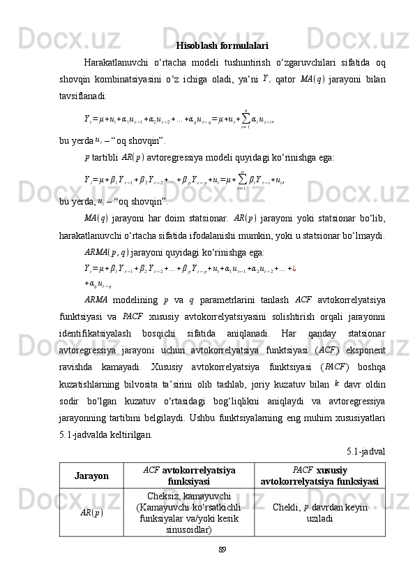 Hisoblash formulalari
Harakatlanuvchi   o ‘ rtacha   modeli   tushuntirish   o ‘ zgaruvchilari   sifatida   oq
shovqin   kombinatsiyasini   o ‘ z   ichiga   oladi,   ya ‘ ni  Yt   qator   MA ( q )
  jarayoni   bilan
tavsiflanadi:
Y
t = μ + u
t + α
1 u
t − 1 + α
2 u
t − 2 + … + α
q u
t − q = μ + u
t +
∑
i = 1q
α
i u
t − i ,
bu yerda 	
ut  – “oq shovqin”.
p
  tartibli  AR ( p )
 avtoregressiya modeli quyidagi ko ‘ rinishga ega:	
Yt=	μ+β1Yt−1+β2Yt−2+…	+βpYt−p+ut=	μ+∑i=1
p	
βiYt−i+ut,
bu yerda, 	
ut  – “oq shovqin”.
MA ( q )
  jarayoni   har   doim   statsionar.   AR ( p )
  jarayoni   yoki   statsionar   bo‘lib,
harakatlanuvchi o‘rtacha sifatida ifodalanishi mumkin, yoki u statsionar bo‘lmaydi.
ARMA ( p , q )
 jarayoni quyidagi ko‘rinishga ega:
Y
t = μ + β
1 Y
t − 1 + β
2 Y
t − 2 + … + β
p Y
t − p + u
t + α
1 u
t − 1 + α
2 u
t − 2 + … + ¿	
+αqut−q	
ARMA
  modelining  	p   va  	q   parametrlarini   tanlash  	ACF   avtokorrelyatsiya
funktsiyasi   va   PACF
  xususiy   avtokorrelyatsiyasini   solishtirish   orqali   jarayonni
identifikatsiyalash   bosqichi   sifatida   aniqlanadi.   Har   qanday   statsionar
avtoregressi ya   jarayon i   uchun   avtokorrelyatsiya   funktsiyasi   ( ACF
)   eksponent
ravishda   kamayadi.   Xususiy   avtokorrelyatsiya   funktsiyasi   (	
PACF )   boshqa
kuzatishlarning   bilvosita   ta ’ sirini   olib   tashlab,   joriy   kuzatuv   bilan  	
k   davr   oldin
sodir   bo ‘ lgan   kuzatuv   o ‘ rtasidagi   bog ‘ liqlikni   aniqlaydi   va   avtoregressiya
jarayonning   tartibini   belgilaydi.   Ushbu   funktsiyalarning   eng   muhim   xususiyatlari
5.1-jadvalda keltirilgan.
5.1-jadval
Jarayon	
ACF  avtokorrelyatsiya
funksiyasi	PACF  xususiy
avtokorrelyatsiya funksiyasi	
AR	(p)
Cheksiz, kamay uvchi
(Kamayuvchi ko ‘ rsatkichli
funksiyalar va/yoki kesik
sinusoidlar) Chekli, 	p  davrdan keyin
uziladi 
89 