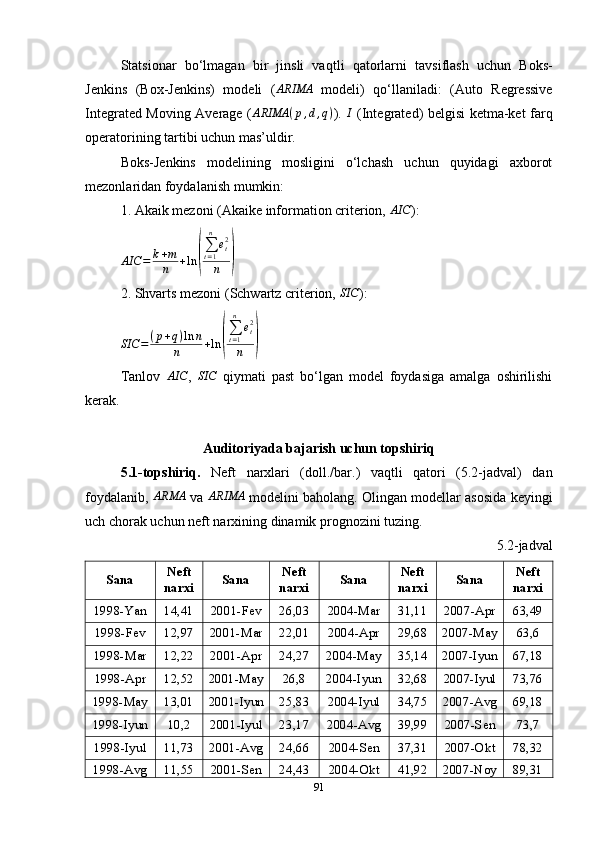 Statsionar   bo ‘ lmagan   bir   jinsli   vaqt li   qator larni   tavsiflash   uchun   Boks-
Jenkins   ( Box-Jenkins )   modeli   ( ARIMA
  modeli)   qo ‘ llaniladi:   (Auto   Regressive
Integrated Moving Average (ARIMA	(p,d,q) ).  	I   (Integrated) belgisi ketma-ket farq
operatorining tartibi uchun mas’uldir. 
Boks-Jenkins   modelining   mosligini   o‘lchash   uchun   quyidagi   axborot
mezonlaridan foydalanish mumkin:
1. Akaik mezoni ( Akaike information criterion, 	
AIC ):	
AIC	=	k+m
n	+ln	(
∑t=1
n	
et2	
n	)
2. Shvarts mezoni ( Schwartz  criterion, 	
SIC ):	
SIC	=	(p+q)ln	n	
n	+ln	(
∑t=1
n	
et2	
n	)
Tanlov  	
AIC ,  	SIC   qiymati   past   bo‘lgan   model   foydasiga   amalga   oshirilishi
kerak.
Auditoriyada bajarish uchun topshiriq
5.1-topshiriq.   Neft   narxlari   (doll./bar.)   vaqtli   qatori   (5.2-jadval)   dan
foydalanib,   ARMA
 va  	
ARIMA  modelini baholang. Olingan modellar asosida keyingi
uch chorak uchun neft narxining dinamik prognozini tuzing.
5.2-jadval
Sana Neft
narxi Sana Neft
narxi Sana Neft
narxi Sana Neft
narxi
1998-Yan 14,41 2001-Fev 26,03 2004-Mar 31,11 2007-Apr 63,49
1998-Fev 12,97 2001-Mar 22,01 2004-Apr 29,68 2007-May 63,6
1998-Mar 12,22 2001-Apr 24,27 2004-May 35,14 2007-Iyun 67,18
1998-Apr 12,52 2001-May 26,8 2004-Iyun 32,68 2007-Iyul 73,76
1998-May 13,01 2001-Iyun 25,83 2004-Iyul 34,75 2007-Avg 69,18
1998-Iyun 10,2 2001-Iyul 23,17 2004-Avg 39,99 2007-Sen 73,7
1998-Iyul 11,73 2001-Avg 24,66 2004-Sen 37,31 2007-Okt 78,32
1998-Avg 11,55 2001-Sen 24,43 2004-Okt 41,92 2007-Noy 89,31
91 