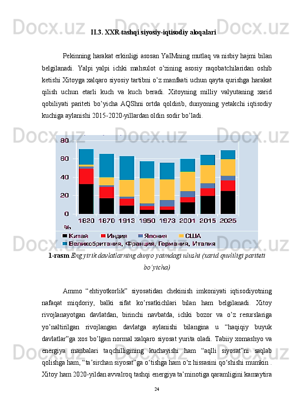 II.3. XXR tashqi siyosiy-iqtisodiy aloqalari
Pekinning harakat erkinligi asosan YaIMning mutlaq va nisbiy hajmi bilan
belgilanadi.   Yalpi   yalpi   ichki   mahsulot   o’zining   asosiy   raqobatchilaridan   oshib
ketishi Xitoyga xalqaro siyosiy tartibni o’z manfaati uchun qayta qurishga harakat
qilish   uchun   etarli   kuch   va   kuch   beradi.   Xitoyning   milliy   valyutaning   xarid
qobiliyati   pariteti   bo’yicha   AQShni   ortda   qoldirib,   dunyoning   yetakchi   iqtisodiy
kuchiga aylanishi 2015-2020-yillardan oldin sodir bo’ladi.
1-rasm  Eng yirik davlatlarning dunyo yaimdagi ulushi (xarid quvliligi pariteti
bo’yicha)
Ammo   “ehtiyotkorlik”   siyosatidan   chekinish   imkoniyati   iqtisodiyotning
nafaqat   miqdoriy,   balki   sifat   ko’rsatkichlari   bilan   ham   belgilanadi.   Xitoy
rivojlanayotgan   davlatdan,   birinchi   navbatda,   ichki   bozor   va   o’z   resurslariga
yo’naltirilgan   rivojlangan   davlatga   aylanishi   bilangina   u   “haqiqiy   buyuk
davlatlar”ga xos bo’lgan normal xalqaro siyosat yurita oladi. Tabiiy xomashyo va
energiya   manbalari   taqchilligining   kuchayishi   ham   “aqlli   siyosat”ni   saqlab
qolishga ham, “ta sirchan siyosat”ga o tishga ham o z hissasini qo shishi mumkin .ʼ ʻ ʻ ʻ
Xitoy ham 2020-yildan avvalroq tashqi energiya ta’minotiga qaramligini kamaytira
24 