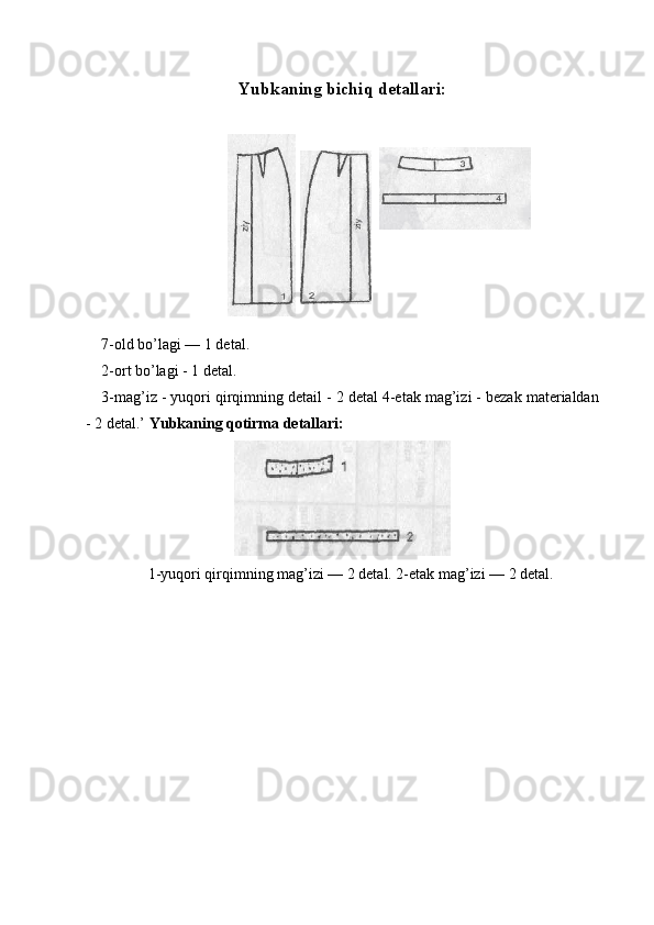 Yubkaning bichiq detallari:
 
 
7-old bo’lagi — 1 detal. 
2-ort bo’lagi - 1 detal. 
3-mag’iz - yuqori qirqimning detail - 2 detal 4-etak mag’izi - bezak materialdan
- 2 detal.’  Yubkaning qotirma detallari:  
 
1-yuqori qirqimning mag’izi — 2 detal. 2-etak mag’izi — 2 detal. 
 
 
 
 
 
 
 
      