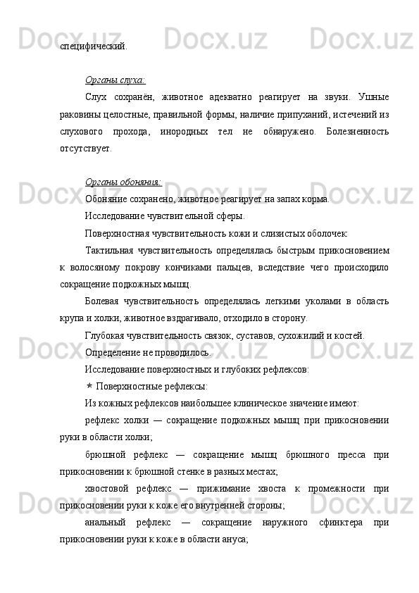 специфический.
Органы слуха:
Слух   сохранён,   животное   адекватно   реагирует   на   звуки.   Ушные
раковины целостные, правильной формы, наличие припуханий, истечений из
слухового   прохода,   инородных   тел   не   обнаружено.   Болезненность
отсутствует.
Органы обоняния:
Обоняние сохранено, животное реагирует на запах корма.
Исследование чувствительной сферы. 
Поверхностная чувствительность кожи и слизистых оболочек:
Тактильная   чувствительность   определялась   быстрым   прикосновением
к   волосяному   покрову   кончиками   пальцев,   вследствие   чего   происходило
сокращение подкожных мышц.
Болевая   чувствительность   определялась   легкими   уколами   в   область
крупа и холки, животное вздрагивало, отходило в сторону.
Глубокая чувствительность связок, суставов, сухожилий и костей.
Определение не проводилось.
Исследование поверхностных  и глубоких рефлексов:
 Поверхностные рефлексы: 
Из кожных рефлексов наибольшее клиническое значение имеют: 
рефлекс   холки   —   сокращение   подкожных   мышц   при   прикосновении
руки в области холки;
брюшной   рефлекс   —   сокращение   мышц   брюшного   пресса   при
прикосновении к брюшной стенке в разных местах; 
хвостовой   рефлекс   —   прижимание   хвоста   к   промежности   при
прикосновении руки к коже его внутренней стороны; 
анальный   рефлекс   —   сокращение   наружного   сфинктера   при
прикосновении руки к коже в области ануса;  