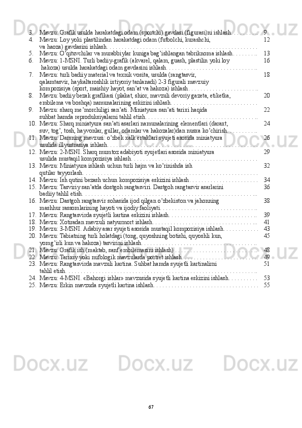 3. Mavzu: Grafik usulda harakatdagi odam (sportchi) gavdasi (figurasi)ni ishlash . . . . . . . . .. 9
4. Mavzu: Loy yoki plastilindan harakatdagi odam (futbolchi, kurashchi, 
va haoza) gavdasini ishlash . . . . . . . . . . . . . . . . . . . . . . . . . . . . . . . . . . . . . . . . . . . . . . . . . . 1 2
5. Mavzu: O’qituvchilar va murabbiylar kuniga bag’ishlangan tabriknoma ishlash . . . . . . . .. 13
6. Mavzu: 1-MSNI. Turli badiiy-grafik (akvarel, qalam, guash, plastilin yoki loy
 hakoza) usulda harakatdagi odam gavdasini ishlash. . . . . . . . . . . . . . . . . . . . . . . . . . . . . .. 16
7. Mavzu: turli badiiy material va texnik vosita, usulda (rangtasvir, 
qalamtasvir, haykaltaroshlik ixtiyoriy tanlanadi) 2-3 figurali mavzuiy 
kompozisiya (sport, maishiy hayot, san’at va hakoza) ishlash . . . . . . . . . . . . . . . . . . . . . . .. 18
8. Mavzu: badiiy bezak grafikasi (plakat, shior, mavzuli devoriy gazeta, etiketka, 
embilema va boshqa) namunalarining eskizini ishlash . . . . . . . . . . . . . . . . . . . . . . . . . . . . . 20
9. Mavzu :  sharq   me ’ morchiligi   san ’ ati .  Miniatyura   san ’ ati   tarixi   haqida  
suhbat   hamda   reproduksiyalarni   tahlil   etish . . . . . . . . . . . . . . . . . . . . . . . . . . . . . . . . . . . . .. 22
10. Mavzu :  Sharq   miniatyura   san ’ ati   asarlari   namunalarining   elementlari  ( daraxt , 
suv, tog’, tosh, hayvonlar, gullar, odamlar va hakozalar)dan nusxa ko’chirish. . . . . . . . . .. 24
11. Mavzu: Darsning mavzusi: o’zbek xalk ertaklari syujeti asosida miniatyura
usulida illyustrasiya ishlash . . . . . . . . . . . . . . . . . . . . . . . . . . . . . . . . . . . . . . . . . . . . . . . . . . 26
12. Mavzu:  2-MSNI. Sharq mumtoz adabiyoti syujetlari asosida miniatyura 
usulida mustaqil kompozisiya ishlash . . . . . . . . . . . . . . . . . . . . . . . . . . . . . . . . . . . . . . . . . . 29
13. Mavzu: Miniatyura ishlash uchun turli hajm va ko’rinishda ish 
qutilar tayyorlash. . . . . . . . . . . . . . . . . . . . . . . . . . . . . . . . . . . . . . . . . . . . . . . . . . . . . . . .  . . 32
14. Mavzu: Ish qutini bezash uchun kompozisiya eskizini ishlash . . . . . . . . . . . . . . . . . . . . . . . 3 4
15. Mavzu: Tasviriy san’atda dostgoh rangtasviri. Dastgoh rangtasvir asarlarini 
badiiy tahlil etish. . . . . . . . . . . . . . . . . . . . . . . . . . . . . . . . . . . . . . . . . . . . . . . . . . . . . . . .  ... 36
16. Mavzu: Dastgoh rangtasvir sohasida ijod qilgan o’zbekiston va jahonning 
mashhur rassomlarining hayoti va ijodiy faoliyati. . . . . . . . . . . . . . . . . . . . . . . . . . . . . . . .. 38
17. Mavzu: Rangtasvirda syujetli kartina eskizini ishlash. . . . . . . . . . . . . . . . . . . . . . . . . . . . .. 39
18. Mavzu: Xotiradan mavzuli natyurmort ishlash. . . . . . . . . . . . . . . . . . . . . . . . . . . . . . . . . ... 41
19. Mavzu: 3-MSNI. Adabiy asar syujeti asosida mustaqil kompozisiya ishlash . . . . . . . . . . . . 43
20. Mavzu: Tabiatning turli holatdagi (tong, quyoshning botishi, quyoshli kun, 
yomg’irli kun va hakoza) tasvirini ishlash. . . . . . . . . . . . . . . . . . . . . . . . . . . . . . . . . . . . . .. 45
21. Mavzu: Grafik ish (maktab, sanf embilemasini ishlash) . . . . . . . . . . . . . . . . . . . . . . . . . . .. 48
22. Mavzu: Tarixiy yoki mifologik mavzularda portret ishlash. . . . . . . . . . . . . . . . . . . . . . . . .. 49
23. Mavzu: Rangtasvirda mavzuli kartina. Suhbat hamda syujetli kartinalirni 
tahlil etish. . . . . . . . . . . . . . . . . . . . . . . . . . . . . . . . . . . . . . . . . . . . . . . . . . . . . . . .  . . . . . . .. 51
24. Mavzu: 4-MSNI. «Bahorgi ishlar» mavzusida syujetli kartina eskizini ishlash. . . . . . . . . . 53
25. Mavzu: Erkin mavzuda syujetli kartina ishlash. . . . . . . . . . . . . . . . . . . . . . . . . . . . . . . . . . . 55
67