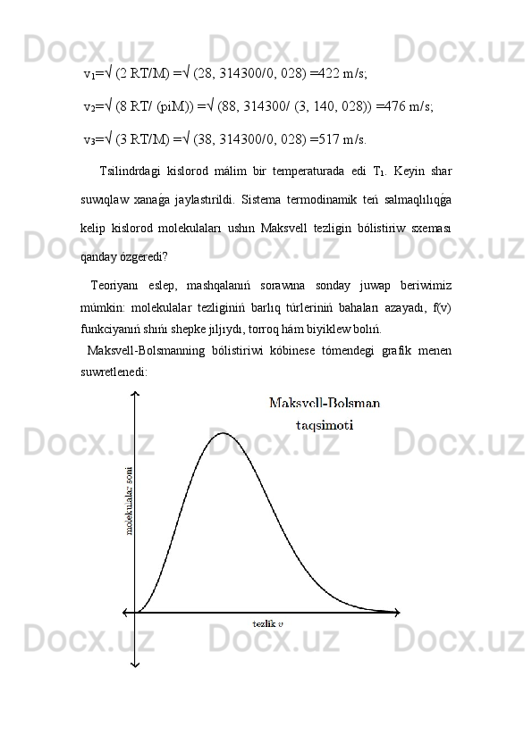  v
1 =√ (2 RT/M) =√ (28, 314300/0, 028) =422 m/s;
 v
2 =√ (8 RT/ (piM)) =√ (88, 314300/ (3, 140, 028)) =476 m/s;
 v
3 =√ (3 RT/M) =√ (38, 314300/0, 028) =517 m/s.
  Tsilindrdaǵi   kislorod   málim   bir   temperaturada   edi   T
1 .   Keyin   shar
suwıqlaw   xana
ǵ!a   jaylastırildi.   Sistema   termodinamik   teń   salmaqlılıq	ǵ!a
kelip   kislorod   molekulaları   ushın   Maksvell   tezli	
ǵin   bólistiriw   sxeması
qanday óz	
ǵeredi? 
  Teoriyanı   eslep,   mashqalanıń   sorawına   sonday   juwap   beriwimiz
múmkin:   molekulalar   tezli	
ǵiniń   barlıq   túrleriniń   bahaları   azayadı,   f(v)
funkciyanıń shıńı shepke jıljıydı, torroq hám biyiklew bolıń.
  Maksvell-Bolsmannin	
ǵ  bólistiriwi   kóbinese   tómende	ǵi  	ǵrafik   menen
suwretlenedi: 