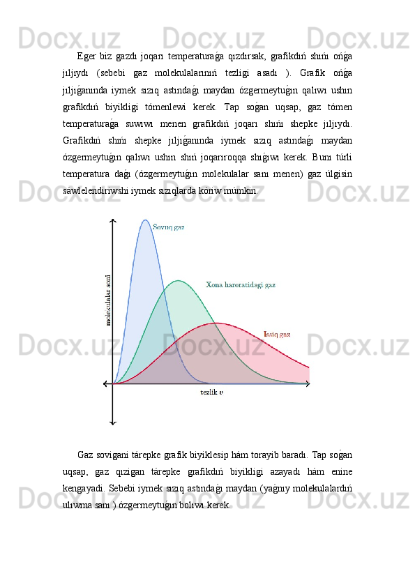 Eǵer   biz  	ǵazdı   joqarı   temperatura	ǵ!a   qızdırsak,  	ǵrafikdıń   shıńı   oń	ǵ!a
jıljıydı   (sebebi  	
ǵaz   molekulalarınıń   tezli	ǵi   asadı   ).   Grafik   oń	ǵ!a
jıljı	
ǵ!anında   iymek   sızıq   astında	ǵ!ı   maydan   óz	ǵermeytu	ǵ!ın   qalıwı   ushın
ǵ	
rafikdıń   biyikli	ǵi   tómenlewi   kerek.   Tap   so	ǵ!an   uqsap,  	ǵaz   tómen
temperatura	
ǵ!a   suwıwı   menen  	ǵrafikdıń   joqarı   shıńı   shepke   jıljıydı.
Grafikdıń   shıńı   shepke   jıljı	
ǵ!anında   iymek   sızıq   astında	ǵ!ı   maydan
óz	
ǵermeytu	ǵ!ın   qalıwı   ushın   shıń   joqarıroqqa   shı	ǵ!ıwı   kerek.   Bunı   túrli
temperatura   da	
ǵ!ı   (óz	ǵermeytu	ǵ!ın   molekulalar   sanı   menen)  	ǵaz   úl	ǵisin
sáwlelendiriwshi iymek sızıqlarda kóriw múmkin.
Gaz sovi	
ǵani tárepke 	ǵrafik biyiklesip hám torayib baradı. Tap so	ǵ!an
uqsap,  	
ǵaz   qızi	ǵan   tárepke  	ǵrafikdıń   biyikli	ǵi   azayadı   hám   enine
ken	
ǵayadi. Sebebi iymek sızıq astında	ǵ!ı maydan (ya	ǵ!nıy molekulalardıń
ulıwma sanı ) óz	
ǵermeytu	ǵ!ın bolıwı kerek.