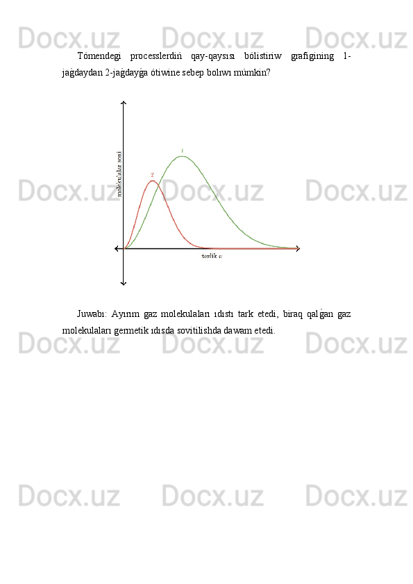 Tómendeǵi   processlerdiń   qay-qaysısı   bólistiriw  	ǵrafi	ǵinin	ǵ	  1-
ja	
ǵ!daydan 2-ja	ǵ!day	ǵ!a ótiwine sebep bolıwı múmkin?  
Juwabı:   Ayırım  
ǵaz   molekulaları   ıdıstı   tark   etedi,   biraq   qal	ǵ!an  	ǵaz
molekulaları 	
ǵermetik ıdısda sovitilishda dawam etedi. 