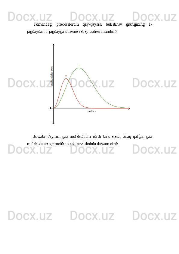 Tómendeǵi   processlerdiń   qay-qaysısı   bólistiriw  	ǵrafi	ǵinin	ǵ	  1-
ja	
ǵ!daydan 2-ja	ǵ!day	ǵ!a ótiwine sebep bolıwı múmkin?  
Juwabı:   Ayırım  
ǵaz   molekulaları   ıdıstı   tark   etedi,   biraq   qal	ǵ!an  	ǵaz
molekulaları 	
ǵermetik ıdısda sovitilishda dawam etedi.