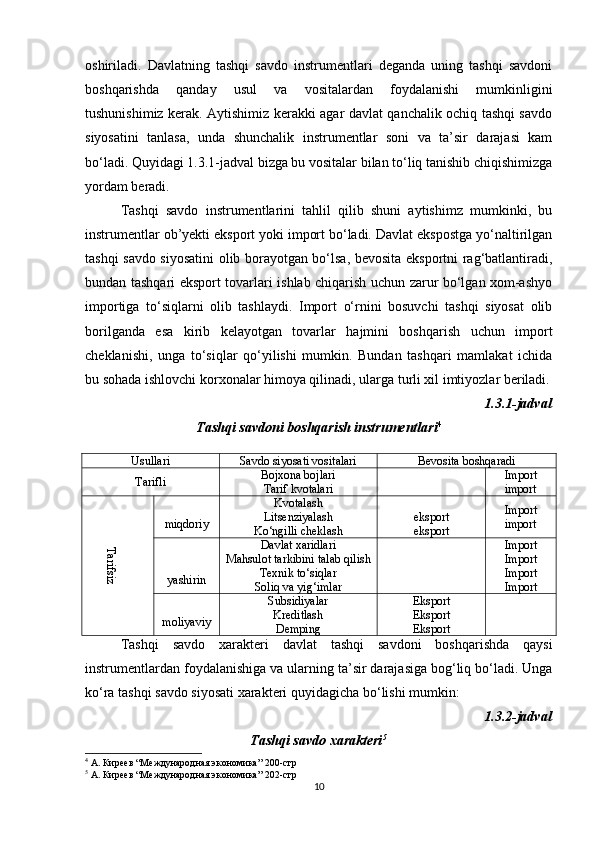 oshiriladi.   Davlatning   tashqi   savdo   instrumentlari   deganda   uning   tashqi   savdoni
boshqarishda   qanday   usul   va   vositalardan   foydalanishi   mumkinligini
tushunishimiz kerak. Aytishimiz kerakki agar davlat qanchalik ochiq tashqi savdo
siyosatini   tanlasa,   unda   shunchalik   instrumentlar   soni   va   ta’sir   darajasi   kam
bo‘ladi. Quyidagi 1.3.1-jadval bizga bu vositalar bilan to‘liq tanishib chiqishimizga
yordam beradi.
Tashqi   savdo   instrumentlarini   tahlil   qilib   shuni   aytishimz   mumkinki,   bu
instrumentlar ob’yekti eksport yoki import bo‘ladi. Davlat ekspostga yo‘naltirilgan
tashqi savdo siyosatini olib borayotgan bo‘lsa, bevosita eksportni rag‘batlantiradi,
bundan tashqari eksport tovarlari ishlab chiqarish uchun zarur bo‘lgan xom-ashyo
importiga   to‘siqlarni   olib   tashlaydi.   Import   o‘rnini   bosuvchi   tashqi   siyosat   olib
borilganda   esa   kirib   kelayotgan   tovarlar   hajmini   boshqarish   uchun   import
cheklanishi,   unga   to‘siqlar   qo‘yilishi   mumkin.   Bundan   tashqari   mamlakat   ichida
bu sohada ishlovchi korxonalar himoya qilinadi, ularga turli xil imtiyozlar beriladi.
1.3.1-jadval
Tashqi savdoni boshqarish instrumentlari 4
Usullari Savdo siyosati vositalari Bevosita boshqaradi
T arifli Bojxona bojlari
Tarif kvotalari Import
importTarifsiz
miqdoriy Kvotalash
Litsenziyalash
Ko‘ngilli cheklash eksport
eksport Import
import
yashirin Davlat xaridlari
Mahsulot tarkibini talab qilish
Texnik to‘siqlar
Soliq va yig‘imlar Import
Import
Import
Import
moliyaviy Subsidiyalar
Kreditlash
Demping Eksport
Eksport
Eksport
Tashqi   savdo   xarakteri   davlat   tashqi   savdoni   boshqarishda   qaysi
instrumentlardan   foydalanishiga   va   ularning   ta ’ sir   darajasiga   bog ‘ liq   bo ‘ ladi .  Unga
ko ‘ ra   tashqi   savdo   siyosati   xarakteri   quyidagicha   bo ‘ lishi   mumkin :
1.3.2-jadval
Tashqi savdo xarakteri 5
4
  А. Киреев “ M еждународная экономика” 200-стр
5
 А. Киреев “ M еждународная экономика” 202-стр
10 