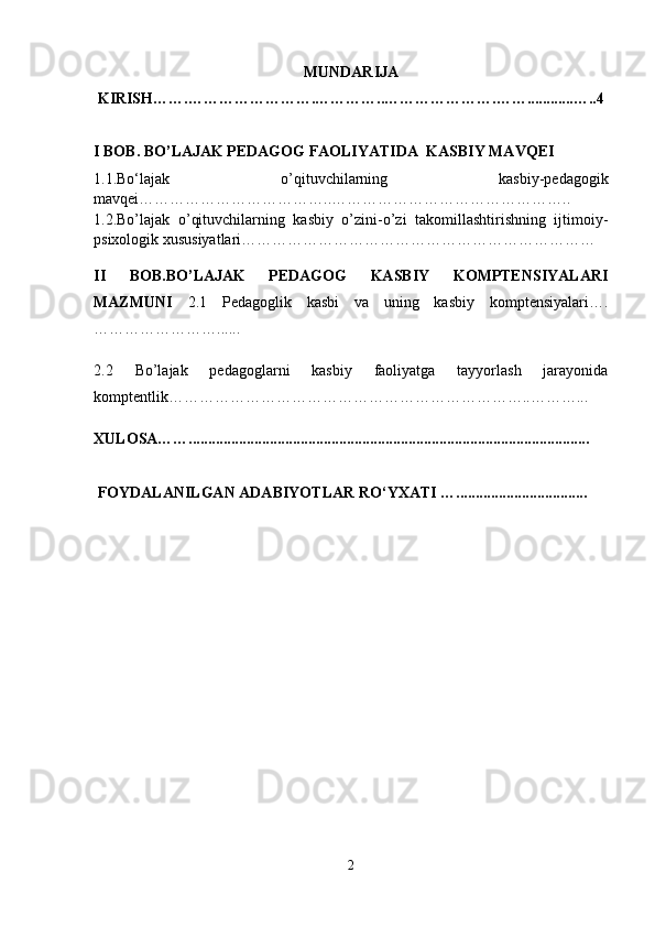 MUNDARIJA
 KIRISH…….…………………….…………..………………….……............…..4
I BOB. BO’LAJAK PEDAGOG FAOLIYATIDA  KASBIY MAVQEI
1.1. Bo‘lajak   o’qituvchilarning   kasbiy-pedagogik
mavqei………………………………..………………………………………..
1.2.Bo’lajak   o’qituvchilarning   kasbiy   o’zini-o’zi   takomillashtirishning   ijtimoiy-
psixologik xususiyatlari……………………………………………………………
II   BOB. BO’LAJAK   PEDAGOG   KASBIY   KOMPTENSIYALARI
MAZMUNI   2.1   Pedagoglik   kasbi   va   uning   kasbiy   komptensiyalari….
……………………......
2.2   Bo’lajak   pedagoglarni   kasbiy   faoliyatga   tayyorlash   jarayonida
komptentlik…………………………………………………………….. … ……...
XULOSA……....................................................................................................... .   
 FOYDALANILGAN ADABIYOTLAR RO ‘ YXATI ….................................. 
2 