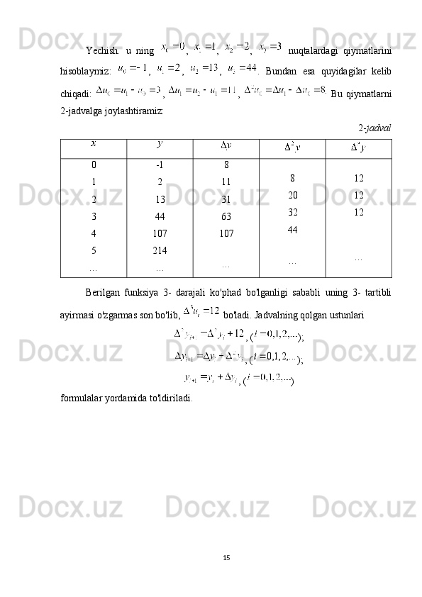 Yechish.   u   ning   ,   ,   ,     nuqtalardagi   qiymatlarini
hisoblaymiz:   ,   ,   ,   .   Bundan   esa   quyidagilar   kelib
chiqadi:   ,   ,  .   Bu qiymatlarni
2-jadvalga joylashtiramiz:
2- jadval
0
1
2
3
4
5
… -1
2
13
44
107
214
… 8
11
31
63
107
… 8
20
32
44
… 12
12
12
…
Berilgan   funksiya   3-   darajali   ko'phad   bo'lganligi   sababli   uning   3-   tartibli
ayirmasi o'zgarmas son bo'lib,   bo'ladi. Jadvalning qolgan ustunlari
, ( );
, (	
0,1, 2,...	i );
, ( )
formulalar yordamida to'ldiriladi.
15 