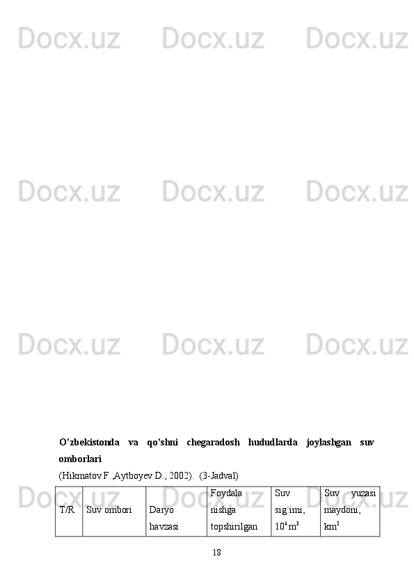 O’zbekistonda   va   qo’shni   chegaradosh   hududlarda   joylashgan   suv
omborlari 
(Hikmatov F.,Aytboyev D., 2002).  (3-Jadval)
T /R Suv ombori Daryo
havzasi Foydala
nishga
topshirilgan Suv
sig`imi,
10 6 
m 3 Suv   yuzasi
maydoni,
km 2
18 