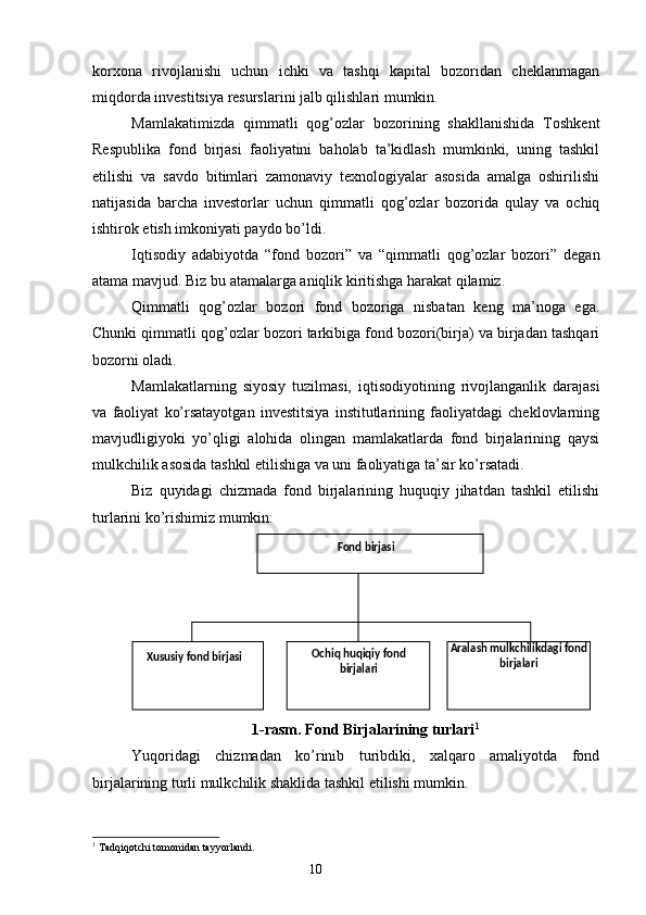 korxona   rivojlanishi   uchun   ichki   va   tashqi   kapital   bozoridan   cheklanmagan
miqdorda investitsiya resurslarini jalb qilishlari mumkin.
Mamlakatimizda   qimmatli   qog’ozlar   bozorining   shakllanishida   Toshkent
Respublika   fond   birjasi   faoliyatini   baholab   ta’kidlash   mumkinki,   uning   tashkil
etilishi   va   savdo   bitimlari   zamonaviy   texnologiyalar   asosida   amalga   oshirilishi
natijasida   barcha   investorlar   uchun   qimmatli   qog’ozlar   bozorida   qulay   va   ochiq
ishtirok etish imkoniyati paydo bo’ldi.
Iqtisodiy   adabiyotda   “fond   bozori”   va   “qimmatli   qog’ozlar   bozori”   degan
atama mavjud. Biz bu atamalarga aniqlik kiritishga harakat qilamiz.
Qimmatli   qog’ozlar   bozori   fond   bozoriga   nisbatan   keng   ma’noga   ega.
Chunki qimmatli qog’ozlar bozori tarkibiga fond bozori(birja) va birjadan tashqari
bozorni oladi.
Mamlakatlarning   siyosiy   tuzilmasi,   iqtisodiyotining   rivojlanganlik   darajasi
va   faoliyat   ko’rsatayotgan   investitsiya   institutlarining   faoliyatdagi   cheklovlarning
mavjudligiyoki   yo’qligi   alohida   olingan   mamlakatlarda   fond   birjalarining   qaysi
mulkchilik asosida tashkil etilishiga va uni faoliyatiga ta’sir ko’rsatadi. 
Biz   quyidagi   chizmada   fond   birjalarining   huquqiy   jihatdan   tashkil   etilishi
turlarini ko’rishimiz mumkin:
1-rasm. Fond Birjalarining turlari 1
Yuqoridagi   chizmadan   ko’rinib   turibdiki,   xalqaro   amaliyotda   fond
birjalarining turli mulkchilik shaklida tashkil etilishi mumkin.
1
 Tadqiqotchi tomonidan tayyorlandi.
10 Fond birjasi
Xususiy fond birjasi Ochiq huqiqiy fond 
birjalari Aralash mulkchilikdagi fond 
birjalari 