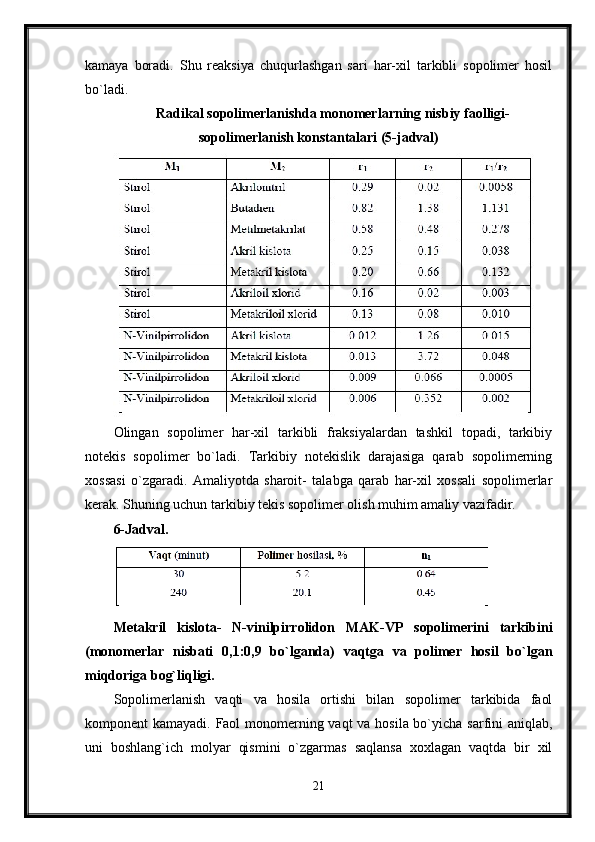 kamaya   boradi.   Shu   reaksiya   chuqurlashgan   sari   har-xil   tarkibli   sopolimer   hosil
bo`ladi.
Radikal sopolimerlanishda monomerlarning nisbiy faolligi-
sopolimerlanish konstantalari (5-jadval)
Olingan   sopolimer   har-xil   tarkibli   fraksiyalardan   tashkil   topadi,   tarkibiy
notekis   sopolimer   bo`ladi.   Tarkibiy   notekislik   darajasiga   qarab   sopolimerning
xossasi   o`zgaradi.   Amaliyotda   sharoit-   talabga   qarab   har-xil   xossali   sopolimerlar
kerak. Shuning uchun tarkibiy tekis sopolimer olish muhim amaliy vazifadir.
6-Jadval.
Metakril   kislota-   N-vinilpirrolidon   MAK-VP   sopolimerini   tarkibini
(monomerlar   nisbati   0,1:0,9   bo`lganda)   vaqtga   va   polimer   hosil   bo`lgan
miqdoriga bog`liqligi.
Sopolimerlanish   vaqti   va   hosila   ortishi   bilan   sopolimer   tarkibida   faol
komponent kamayadi. Faol  monomerning vaqt va hosila bo`yicha sarfini aniqlab,
uni   boshlang`ich   molyar   qismini   o`zgarmas   saqlansa   xoxlagan   vaqtda   bir   xil
21 