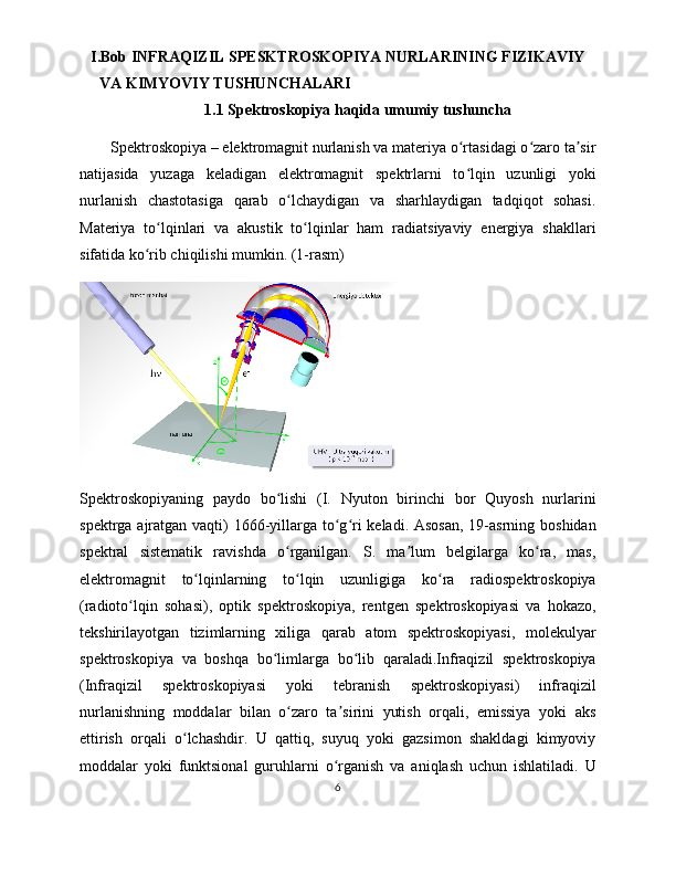 I.Bob INFRAQIZIL SPESKTROSKOPIYA NURLARINING FIZIKAVIY
VA KIMYOVIY TUSHUNCHALARI
1.1 Spektroskopiya haqida umumiy tushuncha
Spektroskopiya – elektromagnit nurlanish va materiya o rtasidagi o zaro ta sirʻ ʻ ʼ
natijasida   yuzaga   keladigan   elektromagnit   spektrlarni   to lqin   uzunligi   yoki
ʻ
nurlanish   chastotasiga   qarab   o lchaydigan   va   sharhlaydigan   tadqiqot   sohasi.	
ʻ
Materiya   to lqinlari   va   akustik   to lqinlar   ham   radiatsiyaviy   energiya   shakllari	
ʻ ʻ
sifatida ko rib chiqilishi mumkin. (1-rasm)	
ʻ
Spektroskopiyaning   paydo   bo lishi   (I.   Nyuton   birinchi   bor   Quyosh   nurlarini	
ʻ
spektrga ajratgan vaqti) 1666-yillarga to g ri  keladi. Asosan, 19-asrning boshidan	
ʻ ʻ
spektral   sistematik   ravishda   o rganilgan.   S.   ma lum   belgilarga   ko ra,   mas,	
ʻ ʼ ʻ
elektromagnit   to lqinlarning   to lqin   uzunligiga   ko ra   radiospektroskopiya	
ʻ ʻ ʻ
(radioto lqin   sohasi),   optik   spektroskopiya,   rentgen   spektroskopiyasi   va   hokazo,	
ʻ
tekshirilayotgan   tizimlarning   xiliga   qarab   atom   spektroskopiyasi,   molekulyar
spektroskopiya   va   boshqa   bo limlarga   bo lib   qaraladi.Infraqizil   spektroskopiya	
ʻ ʻ
(Infraqizil   spektroskopiyasi   yoki   tebranish   spektroskopiyasi)   infraqizil
nurlanishning   moddalar   bilan   o zaro   ta sirini   yutish   orqali,   emissiya   yoki   aks	
ʻ ʼ
ettirish   orqali   o lchashdir.   U   qattiq,   suyuq   yoki   gazsimon   shakldagi   kimyoviy	
ʻ
moddalar   yoki   funktsional   guruhlarni   o rganish   va   aniqlash   uchun   ishlatiladi.   U	
ʻ
6 