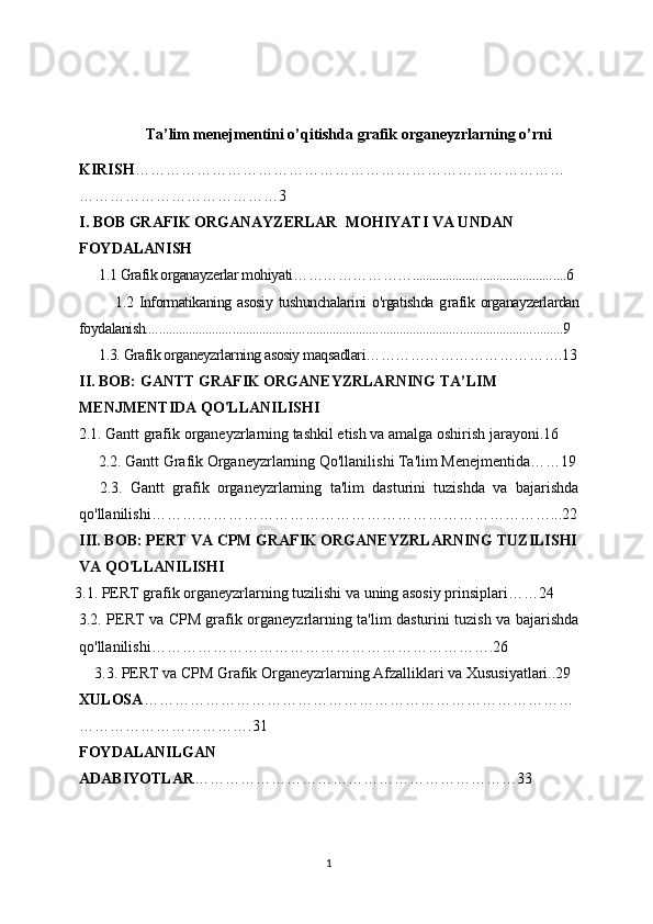 Ta’lim menejmentini o’qitishda grafik organeyzrlarning o’rni
KIRISH …………………………………………………………………………
…………………………………3
I. BOB GRAFIK ORGANAYZERLAR    MOHIYATI VA UNDAN 
FOYDALANISH
      1.1 Grafik organayzerlar mohiyati ……………………..............................................6
            1.2  Informatikaning   asosiy   tushunchalarini   o'rgatishda   g rafik   organayzerlardan
foydalanish.............................................................................................................................9
      1.3. Grafik organeyzrlarning asosiy maqsadlari………………………………….13
II. BOB: GANTT GRAFIK ORGANEYZRLARNING TA’LIM 
MENJMENTIDA QO'LLANILISHI
     2.1. Gantt grafik organeyzrlarning tashkil etish va amalga oshirish jarayoni.16
     2.2. Gantt Grafik Organeyzrlarning Qo'llanilishi Ta'lim Menejmentida……19
          2.3.   Gantt   grafik   organeyzrlarning   ta'lim   dasturini   tuzishda   va   bajarishda
qo'llanilishi……………………………………………………………………...22
III. BOB: PERT VA CPM GRAFIK ORGANEYZRLARNING TUZILISHI
VA QO'LLANILISHI
    3.1. PERT grafik organeyzrlarning tuzilishi va uning asosiy prinsiplari……24
       3.2. PERT va CPM grafik organeyzrlarning ta'lim dasturini tuzish va bajarishda
qo'llanilishi………………………………………………………….26
    3.3. PERT va CPM Grafik Organeyzrlarning Afzalliklari va Xususiyatlari..29
XULOSA …………………………………………………………………………
…………………………….31
FOYDALANILGAN
ADABIYOTLAR ………………………………………………………33
1 