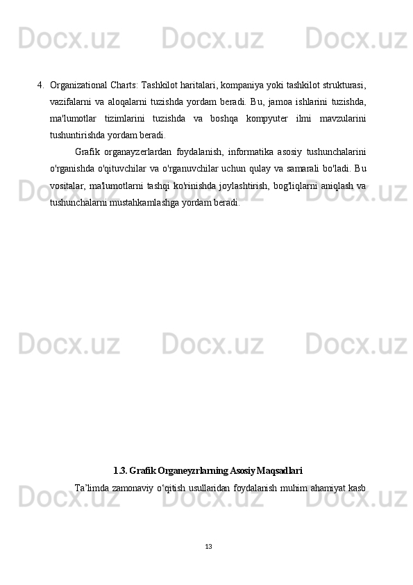 4. Organizational Charts: Tashkilot haritalari, kompaniya yoki tashkilot strukturasi,
vazifalarni   va   aloqalarni   tuzishda   yordam   beradi.   Bu,   jamoa   ishlarini   tuzishda,
ma'lumotlar   tizimlarini   tuzishda   va   boshqa   kompyuter   ilmi   mavzularini
tushuntirishda yordam beradi.
Grafik   organayzerlardan   foydalanish,   informatika   asosiy   tushunchalarini
o'rganishda  o'qituvchilar  va  o'rganuvchilar  uchun  qulay  va   samarali   bo'ladi.  Bu
vositalar, ma'lumotlarni   tashqi   ko'rinishda  joylashtirish,  bog'liqlarni  aniqlash   va
tushunchalarni mustahkamlashga yordam beradi.
1.3. Grafik Organeyzrlarning Asosiy Maqsadlari
             Ta’limda zamonaviy o‘qitish usullaridan foydalanish muhim ahamiyat kasb
13 