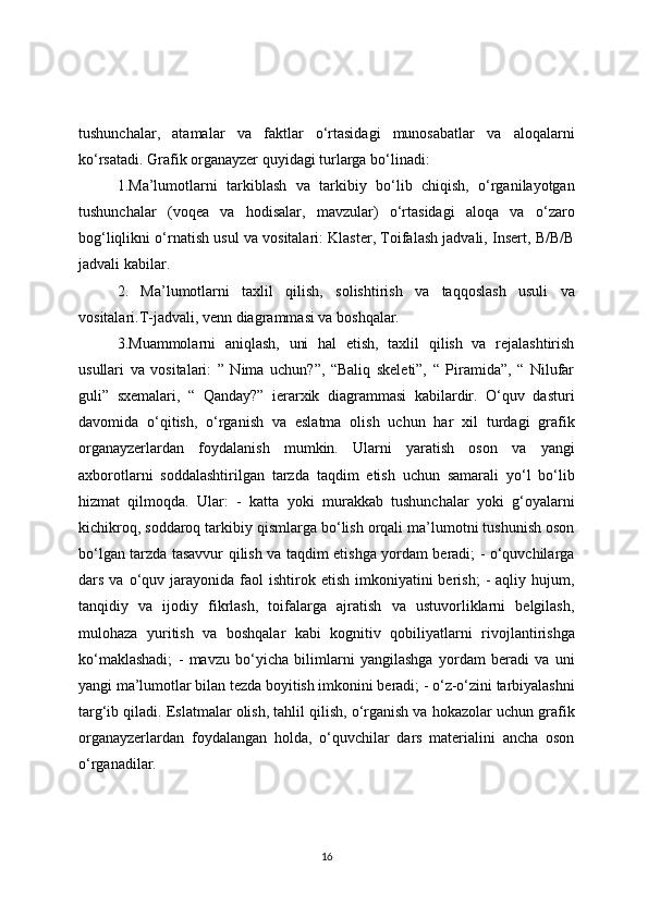 tushunchalar,   atamalar   va   faktlar   o‘rtasidagi   munosabatlar   va   aloqalarni
ko‘rsatadi. Grafik organayzer quyidagi turlarga bo‘linadi: 
1.Ma’lumotlarni   tarkiblash   va   tarkibiy   bo‘lib   chiqish,   o‘rganilayotgan
tushunchalar   (voqea   va   hodisalar,   mavzular)   o‘rtasidagi   aloqa   va   o‘zaro
bog‘liqlikni o‘rnatish usul va vositalari: Klaster, Toifalash jadvali, Insert, B/B/B
jadvali kabilar. 
2.   Ma’lumotlarni   taxlil   qilish,   solishtirish   va   taqqoslash   usuli   va
vositalari.T-jadvali, venn diagrammasi va boshqalar. 
3.Muammolarni   aniqlash,   uni   hal   etish,   taxlil   qilish   va   rejalashtirish
usullari   va   vositalari:   ”   Nima   uchun?”,   “Baliq   skeleti”,   “   Piramida”,   “   Nilufar
guli”   sxemalari,   “   Qanday?”   ierarxik   diagrammasi   kabilardir.   O‘quv   dasturi
davomida   o‘qitish,   o‘rganish   va   eslatma   olish   uchun   har   xil   turdagi   grafik
organayzerlardan   foydalanish   mumkin.   Ularni   yaratish   oson   va   yangi
axborotlarni   soddalashtirilgan   tarzda   taqdim   etish   uchun   samarali   yo‘l   bo‘lib
hizmat   qilmoqda.   Ular:   -   katta   yoki   murakkab   tushunchalar   yoki   g‘oyalarni
kichikroq, soddaroq tarkibiy qismlarga bo‘lish orqali ma’lumotni tushunish oson
bo‘lgan tarzda tasavvur qilish va taqdim etishga yordam beradi; - o‘quvchilarga
dars  va  o‘quv  jarayonida   faol  ishtirok  etish   imkoniyatini  berish;  -  aqliy  hujum,
tanqidiy   va   ijodiy   fikrlash,   toifalarga   ajratish   va   ustuvorliklarni   belgilash,
mulohaza   yuritish   va   boshqalar   kabi   kognitiv   qobiliyatlarni   rivojlantirishga
ko‘maklashadi;   -   mavzu   bo‘yicha   bilimlarni   yangilashga   yordam   beradi   va   uni
yangi ma’lumotlar bilan tezda boyitish imkonini beradi; - o‘z-o‘zini tarbiyalashni
targ‘ib qiladi. Eslatmalar olish, tahlil qilish, o‘rganish va hokazolar uchun grafik
organayzerlardan   foydalangan   holda,   o‘quvchilar   dars   materialini   ancha   oson
o‘rganadilar.
16 