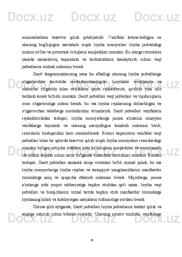 munosabatlarni   tasavvur   qilish   qobiliyatidir.   Vazifalar   ketma-ketligini   va
ularning   bog'liqligini   xaritalash   orqali   loyiha   menejerlari   loyiha   jadvalidagi
muhim yo'llar va potentsial to'siqlarni aniqlashlari mumkin. Bu ularga resurslarni
yanada   samaraliroq   taqsimlash   va   kechikishlarni   kamaytirish   uchun   vaqt
jadvallarini sozlash imkonini beradi.
Gantt   diagrammalarining   yana   bir   afzalligi   ularning   loyiha   jadvallariga
o'zgartirishlar   kiritishda   moslashuvchanligidir.   Loyihalar   rivojlanishi   va
sharoitlar   o'zgarishi   bilan   vazifalarni   qayta   rejalashtirish,   qo'shish   yoki   olib
tashlash kerak bo'lishi mumkin. Gantt jadvallari vaqt jadvallari va topshiriqlarni
oson   o'zgartirishga   imkon   beradi,   bu   esa   loyiha   rejalarining   dolzarbligini   va
o'zgaruvchan   talablarga   moslashishini   ta'minlaydi.   Gantt   jadvallari   vazifalarni
rejalashtirishdan   tashqari,   loyiha   menejerlariga   jamoa   a'zolarini   muayyan
vazifalarga   tayinlash   va   ularning   mavjudligini   kuzatish   imkonini   berib,
resurslarni   boshqarishni   ham   osonlashtiradi.   Resurs   taqsimotini   vazifalar   vaqt
jadvallari bilan bir qatorda tasavvur qilish orqali loyiha menejerlari resurslardagi
mumkin bo'lgan ortiqcha yuklarni yoki bo'shliqlarni aniqlashlari va muvozanatli
ish yukini saqlash uchun zarur bo'lganda tuzatishlar kiritishlari mumkin. Bundan
tashqari,   Gantt   jadvallari   samarali   aloqa   vositalari   bo'lib   xizmat   qiladi,   bu   esa
loyiha   menejerlariga   loyiha   rejalari   va   taraqqiyot   yangilanishlarini   manfaatdor
tomonlarga   aniq   va   qisqacha   etkazish   imkonini   beradi.   Mijozlarga,   jamoa
a'zolariga   yoki   yuqori   rahbariyatga   taqdim   etishdan   qat'i   nazar,   loyiha   vaqt
jadvallari   va   bosqichlarini   vizual   tarzda   taqdim   etish   manfaatdor   tomonlarga
loyihaning holati va kutilayotgan natijalarni tushunishga yordam beradi.
Xulosa qilib aytganda, Gantt jadvallari loyiha jadvallarini tashkil qilish va
amalga   oshirish   uchun   bebaho   vositadir.   Ularning   intuitiv   tuzilishi,   vazifalarga
18 