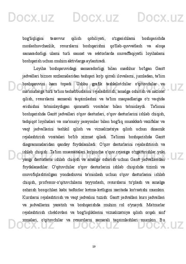 bog'liqligini   tasavvur   qilish   qobiliyati,   o'zgarishlarni   boshqarishda
moslashuvchanlik,   resurslarni   boshqarishni   qo'llab-quvvatlash   va   aloqa
samaradorligi   ularni   turli   sanoat   va   sektorlarda   muvaffaqiyatli   loyihalarni
boshqarish uchun muhim aktivlarga aylantiradi.
Loyiha   boshqaruvidagi   samaradorligi   bilan   mashhur   bo'lgan   Gantt
jadvallari biznes sozlamalaridan tashqari ko'p qirrali ilovalarni, jumladan, ta'lim
boshqaruvini   ham   topadi.   Ushbu   grafik   tashkilotchilar   o'qituvchilar   va
ma'murlarga turli ta'lim tashabbuslarini rejalashtirish, amalga oshirish va nazorat
qilish,   resurslarni   samarali   taqsimlashni   va   ta'lim   maqsadlariga   o'z   vaqtida
erishishni   ta'minlaydigan   qimmatli   vositalar   bilan   ta'minlaydi.   Ta'limni
boshqarishda  Gantt   jadvallari   o'quv  dasturlari,  o'quv  dasturlarini   ishlab  chiqish,
tadqiqot   loyihalari   va   ma'muriy   jarayonlar   bilan   bog'liq   murakkab   vazifalar   va
vaqt   jadvallarini   tashkil   qilish   va   vizualizatsiya   qilish   uchun   dinamik
rejalashtirish   vositalari   bo'lib   xizmat   qiladi.   Ta'limni   boshqarishda   Gantt
diagrammalaridan   qanday   foydalaniladi:   O'quv   dasturlarini   rejalashtirish   va
ishlab   chiqish:   Ta'lim   muassasalari   ko'pincha   o'quv   rejasiga   o'zgartirishlar   yoki
yangi   dasturlarni   ishlab   chiqish   va   amalga   oshirish   uchun   Gantt   jadvallaridan
foydalanadilar.   O'qituvchilar   o'quv   dasturlarini   ishlab   chiqishda   tizimli   va
muvofiqlashtirilgan   yondashuvni   ta'minlash   uchun   o'quv   dasturlarini   ishlab
chiqish,   professor-o'qituvchilarni   tayyorlash,   resurslarni   to'plash   va   amalga
oshirish   bosqichlari   kabi   tadbirlar   ketma-ketligini   xaritada   ko'rsatishi   mumkin.
Kurslarni   rejalashtirish   va   vaqt   jadvalini   tuzish:   Gantt   jadvallari   kurs   jadvallari
va   jadvallarini   yaratish   va   boshqarishda   muhim   rol   o'ynaydi.   Ma'murlar
rejalashtirish   cheklovlari   va   bog'liqliklarini   vizualizatsiya   qilish   orqali   sinf
xonalari,   o'qituvchilar   va   resurslarni   samarali   taqsimlashlari   mumkin.   Bu
19 