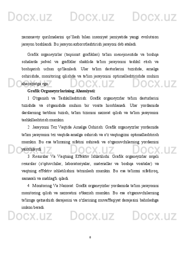 zamonaviy   qurilmalarini   qo‘llash   bilan   insoniyat   jamiyatida   yangi   evolutsion
jarayon boshlandi. Bu jarayon axborotlashtirish jarayoni deb ataladi.
Grafik   organeyzrlar   (taqsimot   grafiklari)   ta'lim   menejmentida   va   boshqa
sohalarda   jadval   va   grafiklar   shaklida   ta'lim   jarayonini   tashkil   etish   va
boshqarish   uchun   qo'llaniladi.   Ular   ta'lim   dasturlarini   tuzishda,   amalga
oshirishda,   monitoring   qilishda   va   ta'lim   jarayonini   optimallashtirishda   muhim
ahamiyatga ega.
Grafik Organeyzrlarining Ahamiyati:
1 O'rganish   va   Tashkillashtirish:   Grafik   organeyzrlar   ta'lim   dasturlarini
tuzishda   va   o'rganishda   muhim   bir   vosita   hisoblanadi.   Ular   yordamida
darslarning   tartibini   tuzish,   ta'lim   tizimini   nazorat   qilish   va   ta'lim   jarayonini
tashkillashtirish mumkin.
2 Jarayonni   Tez   Vaqtida   Amalga   Oshirish:   Grafik   organeyzrlar   yordamida
ta'lim jarayonini tez vaqtida amalga oshirish va o'z vaqtingizni optimallashtirish
mumkin.   Bu   esa   ta'limning   sifatini   oshiradi   va   o'rganuvchilarning   yordamini
yaxshilaydi.
3 Resurslar   Va   Vaqtning   Effektiv   Ishlatilishi:   Grafik   organeyzrlar   orqali
resurslar   (o'qituvchilar,   laboratoriyalar,   materiallar   va   boshqa   vositalar)   va
vaqtning   effektiv   ishlatilishini   ta'minlash   mumkin.   Bu   esa   ta'limni   sifatliroq,
samarali va mablag'li qiladi.
4 Monitoring   Va   Nazorat:   Grafik   organeyzrlar   yordamida   ta'lim   jarayonini
monitoring   qilish   va   nazoratini   o'tkazish   mumkin.   Bu   esa   o'rganuvchilarning
ta'limga qatnashish darajasini  va o'zlarining muvaffaqiyat  darajasini baholashga
imkon beradi.
8 