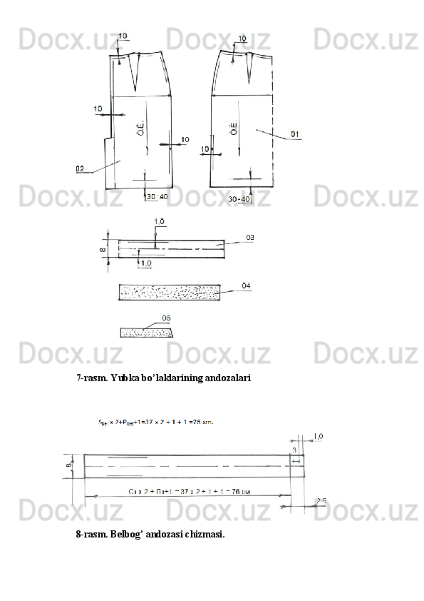  
 
7-rasm. Yubka bo’laklarining andozalari
 
 
8-rasm. Belbog’ andozasi chizmasi. 