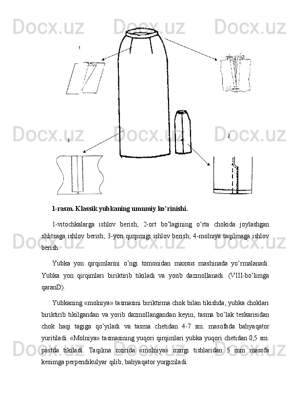    
1-rasm. Klassik yubkaning umumiy ko’rinishi.
1-vitochkalarga   ishlov   berish;   2-ort   bo’lagining   o’rta   chokida   joylashgan
shlitsaga ishlov berish; 3-yon qirqimigi ishlov berish; 4-molniya taqilmaga ishlov
berish.
Yubka   yon   qirqimlarini   o’ngi   tomonidan   maxsus   mashinada   yo’rmalanadi.
Yubka   yon   qirqimlari   biriktirib   tikiladi   va   yorib   dazmollanadi.   (VIII-bo’limga
qaranD). 
Yubkaning «molniya» tasmasini biriktirma chok bilan tikishda, yubka choklari
biriktirib   tikilgandan   va   yorib   dazmollangandan   keyin,   tasma   bo’lak   teskarisidan
chok   haqi   tagiga   qo’yiladi   va   tasma   chetidan   4-7   sm.   masofada   bahyaqator
yuritiladi. «Molniya» tasmasining yuqori qirqimlari yubka yuqori chetidan 0,5 sm.
pastda   tikiladi.   Taqilma   oxirida   «molniya»   oxirgi   tishlaridan   5   mm   masofa
kesimga perpendikulyar qilib, bahyaqator yurgiziladi. 
  