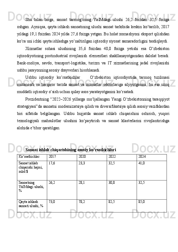 Shu   bilan   birga,   sanoat   tarmog‘ining   YaIMdagi   ulushi   26,2   foizdan   32,5   foizga
oshgan. Ayniqsa, qayta ishlash sanoatining ulushi sanoat tarkibida keskin ko‘tarilib, 2017
yildagi 19,1 foizdan 2024 yilda 27,6 foizga yetgan. Bu holat xomashyoni eksport qilishdan
ko‘ra uni ichki qayta ishlashga yo‘naltirilgan iqtisodiy siyosat samaradorligini tasdiqlaydi.
Xizmatlar   sohasi   ulushining   35,6   foizdan   40,0   foizga   yetishi   esa   O‘zbekiston
iqtisodiyotining   postindustrial   rivojlanish   elementlari   shakllanayotganidan   dalolat   beradi.
Bank-moliya,   savdo,   transport-logistika,   turizm   va   IT   xizmatlarining   jadal   rivojlanishi
ushbu jarayonning asosiy drayverlari hisoblanadi.
Ushbu   iqtisodiy   ko’rsatkichlar     O‘zbekiston   iqtisodiyotida   tarmoq   tuzilmasi
mutanosib va barqaror tarzda sanoat  va xizmatlar sektorlariga siljiyotganini, bu esa uzoq
muddatli iqtisodiy o‘sish uchun qulay asos yaratayotganini ko‘rsatadi.
Prezidentning  “2022–2026   yillarga  mo‘ljallangan  Yangi  O‘zbekistonning  taraqqiyot
strategiyasi”da sanoatni modernizatsiya qilish va diversifikatsiya qilish asosiy vazifalardan
biri   sifatida   belgilangan.   Ushbu   hujjatda   sanoat   ishlab   chiqarishini   oshirish,   yuqori
texnologiyali   mahsulotlar   ulushini   ko‘paytirish   va   sanoat   klasterlarini   rivojlantirishga
alohida e’tibor qaratilgan.
Sanoat ishlab chiqarishining asosiy ko‘rsatkichlari
Ko‘rsatkichlar 2017 2020 2022 2024
Sanoat ishlab 
chiqarishi hajmi, 
mlrd $ 17,6 23,3 32,5 41,0
Sanoatning 
YaIMdagi ulushi, 
% 26,2 28,1 30,8 32,5
Qayta ishlash 
sanoati ulushi, % 73,0 78,2 82,5 85,0 