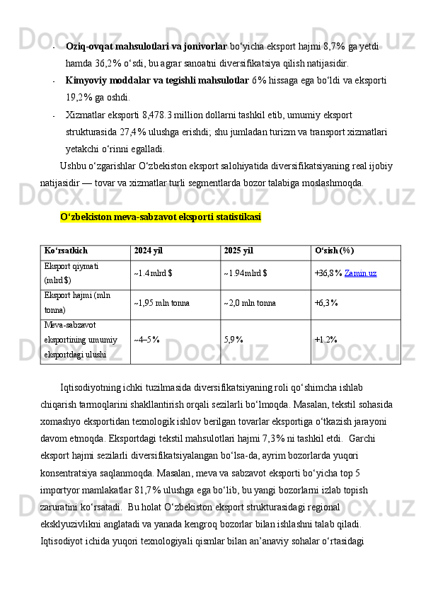 - Oziq - ovqat mahsulotlari va jonivorlar  bo‘yicha eksport hajmi 8,7 % ga yetdi 
hamda 36,2	
 % o‘sdi, bu agrar sanоatni diversifikatsiya qilish natijasidir. 
- Kimyoviy   moddalar   va   tegishli   mahsulotlar  6	
 %  hissaga   ega   bo ‘ ldi   va   eksporti  
19,2	
 %  ga   oshdi . 
- Xizmatlar   eksporti  8,478.3  million   dollarni   tashkil   etib ,  umumiy   eksport  
strukturasida  27,4	
 %  ulushga   erishdi ;  shu   jumladan   turizm   va   transport   xizmatlari  
yetakchi   o ‘ rinni   egalladi . 
Ushbu o‘zgarishlar O‘zbekiston eksport salohiyatida diversifikatsiyaning real ijobiy 
natijasidir — tovar va xizmatlar turli segmentlarda bozor talabiga moslashmoqda.
O‘zbekiston meva - sabzavot eksporti statistikasi
Ko‘rsatkich 2024  y il 2025  y il  O‘sish (%)
Eksport qiymati 
(mlrd	
 $) ~1.4	
 mlrd $   ~1.94	 mlrd $ +36,8	 %  Zamin.uz
Eksport hajmi (mln 
tonna) ~ 1,95  mln tonna ~2,0 mln tonna +6,3
 % 
Meva - sabzavot 
eksportining umumiy 
eksportdagi ulushi ~4–5	
 %  5,9	 % + 1.2%
Iqtisodiyotning ichki tuzilmasida diversifikatsiyaning roli qo‘shimcha ishlab 
chiqarish tarmoqlarini shakllantirish orqali sezilarli bo‘lmoqda. Masalan, tekstil sohasida 
xomashyo eksportidan texnologik ishlov berilgan tovarlar eksportiga o‘tkazish jarayoni 
davom etmoqda. Eksportdagi tekstil mahsulotlari hajmi 7,3	
 % ni tashkil etdi.   Garchi  
eksport   hajmi   sezilarli   diversifikatsiyalangan   bo ‘ lsa - da ,  ayrim   bozorlarda   yuqori  
konsentratsiya   saqlanmoqda .  Masalan ,  meva   va   sabzavot   eksporti   bo ‘ yicha   top  5 
importyor   mamlakatlar  81,7	
 %  ulushga   ega   bo ‘ lib ,  bu   yangi   bozorlarni   izlab   topish  
zaruratini   ko ‘ rsatadi .   Bu holat O‘zbekiston eksport strukturasidagi regional 
eksklyuzivlikni anglatadi va yanada kengroq bozorlar bilan ishlashni talab qiladi. 
Iqtisodiyot ichida yuqori texnologiyali qismlar bilan an’anaviy sohalar o‘rtasidagi  