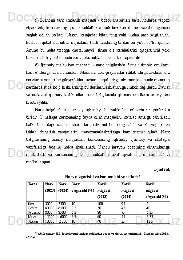5)   Biznesni   tark   etmaslik   maqsadi   -   bozor   sharoitlari   ba’zi   hollarda   taqozo
etganidek,   firmalarning   qisqa   muddatli   maqsadi   biznesni   sharoit   yaxshilangancha
saqlab   qolish   bo‘ladi.   Narxni   xarajatlar   bilan   teng   yoki   undan   past   belgilanishi
kuchli raqobat sharoitida mijozlarni tutib turishning birdan-bir yo‘li bo‘lib qoladi.
Ammo   bu   holat   uzoqqa   cho‘zilmaydi,   firma   o‘z   xarajatlarini   qisqartirishi   yoki
bozor muhiti yaxshilanishi zarur, aks holda bankrotlik muqarrardir. 
6)   Ijtimoiy   ma’suliyat   maqsadi   -   narx   belgilashda   firma   ijtimoiy   omillarni
ham   e’tiborga   olishi   mumkin.   Masalan,   dori-preparatlar   ishlab   chiqaruvchilar   o‘z
narxlarini yuqori belgilaganliklari uchun tanqid ostiga olinmoqda, chunki arzonroq
narxlarda juda ko‘p kishilarning bu dorilarni  ishlatishiga imkon tug‘ilardi. Davlat
va   nodavlat   ijtimoiy   tashkilotlari   narx   belgilashda   ijtimoiy   omillarni   asosiy   deb
hisoblaydilar.
Narx   belgilash   har   qanday   iqtisodiy   faoliyatda   hal   qiluvchi   jarayonlardan
biridir.   U   nafaqat   korxonaning   foyda   olish   maqsadini   ko‘zlab   amalga   oshiriladi,
balki   bozordagi   raqobat   sharoitlari,   iste’molchilarning   talab   va   ehtiyojlari,   va
ishlab   chiqarish   xarajatlarini   muvozanatlashtirishga   ham   xizmat   qiladi.   Narx
belgilashning   asosiy   maqsadlari   korxonaning   iqtisodiy,   ijtimoiy   va   strategik
vazifalariga   bog‘liq   holda   shakllanadi.   Ushbu   jarayon   bozorning   dinamikasiga
moslashish   va   korxonaning   uzoq   muddatli   muvaffaqiyatini   ta’minlash   uchun
mo‘ljallangan.
1-jadval.
Narx o’zgarishi va iste’molchi xaridlari 10
Tovar Narx
(2023) Narx
(2024) Narx
o'zgarishi (%) Xarid
miqdori
(2023) Xarid
miqdori
(2024) Xarid
miqdori
o'zgarishi (%)
Non 3000 3300 10 100 95 -5
Go'sht 60000 65000 8.3 50 45 -10
Sabzavot 8000 8500 6.3 80 75 -6.25
Meva 15000 16000 6.7 60 55 -8.33
Shakar 10000 11000 10 40 35 -12.5
10
  Abulqosimov   H.P.   Iqtisodiyotni   tartibga  solishning  bozor   va   davlat   mexanizmlari.-  T.:Akademiya,2012.-
455 bet 