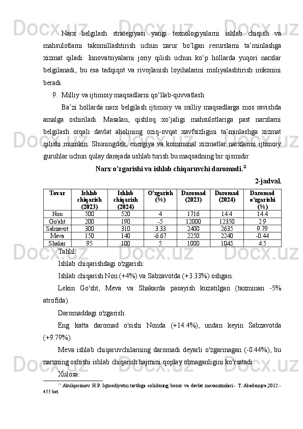 Narx   belgilash   strategiyasi   yangi   texnologiyalarni   ishlab   chiqish   va
mahsulotlarni   takomillashtirish   uchun   zarur   bo‘lgan   resurslarni   ta’minlashga
xizmat   qiladi.   Innovatsiyalarni   joriy   qilish   uchun   ko‘p   hollarda   yuqori   narxlar
belgilanadi,   bu   esa   tadqiqot   va   rivojlanish   loyihalarini   moliyalashtirish   imkonini
beradi.
9. Milliy va ijtimoiy maqsadlarni qo‘llab-quvvatlash
Ba’zi   hollarda   narx   belgilash   ijtimoiy   va   milliy   maqsadlarga   mos   ravishda
amalga   oshiriladi.   Masalan,   qishloq   xo‘jaligi   mahsulotlariga   past   narxlarni
belgilash   orqali   davlat   aholining   oziq-ovqat   xavfsizligini   ta’minlashga   xizmat
qilishi  mumkin. Shuningdek,  energiya va kommunal  xizmatlar  narxlarini  ijtimoiy
guruhlar uchun qulay darajada ushlab turish bu maqsadning bir qismidir.
Narx o’zgarishi va ishlab chiqaruvchi daromadi. 11
2-jadval.
Tovar Ishlab
chiqarish
(2023) Ishlab
chiqarish
(2024) O'zgarish
(%) Daromad
(2023) Daromad
(2024) Daromad
o'zgarishi
(%)
Non 500 520 4 1716 14.4 14.4
Go'sht 200 190 -5 12000 12350 2.9
Sabzavot 300 310 3.33 2400 2635 9.79
Meva 150 140 -6.67 2250 2240 -0.44
Shakar 95 100 5 1000 1045 4.5
Tahlil:
Ishlab chiqarishdagi o'zgarish:
Ishlab chiqarish Non (+4%) va Sabzavotda (+3.33%) oshgan.
Lekin   Go'sht,   Meva   va   Shakarda   pasayish   kuzatilgan   (taxminan   -5%
atrofida).
Daromaddagi o'zgarish:
Eng   katta   daromad   o'sishi   Nonda   (+14.4%),   undan   keyin   Sabzavotda
(+9.79%).
Meva   ishlab   chiqaruvchilarning   daromadi   deyarli   o'zgarmagan   (-0.44%),   bu
narxning oshishi ishlab chiqarish hajmini qoplay olmaganligini ko'rsatadi.
Xulosa:
11
  Abulqosimov   H.P.   Iqtisodiyotni   tartibga   solishning   bozor   va   davlat   mexanizmlari.-  T.:Akademiya,2012.-
455 bet 