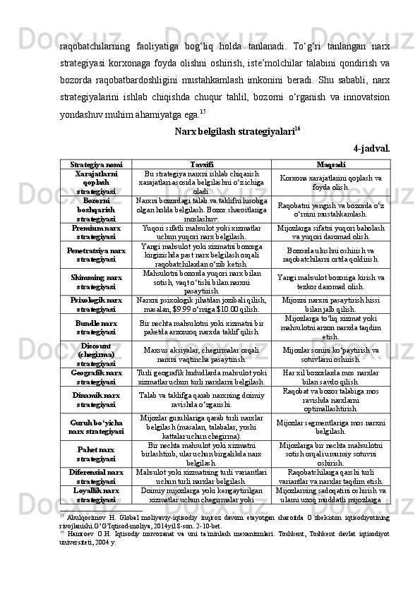 raqobatchilarning   faoliyatiga   bog‘liq   holda   tanlanadi.   To‘g‘ri   tanlangan   narx
strategiyasi   korxonaga   foyda   olishni   oshirish,   iste’molchilar   talabini   qondirish   va
bozorda   raqobatbardoshligini   mustahkamlash   imkonini   beradi.   Shu   sababli,   narx
strategiyalarini   ishlab   chiqishda   chuqur   tahlil,   bozorni   o‘rganish   va   innovatsion
yondashuv muhim ahamiyatga ega. 15
Narx belgilash strategiyalari 16
4-jadval.
Strategiya nomi Tavsifi Maqsadi
Xarajatlarni
qoplash
strategiyasi Bu strategiya narxni ishlab chiqarish
xarajatlari asosida belgilashni o‘z ichiga
oladi. Korxona xarajatlarini qoplash va
foyda olish.
Bozorni
boshqarish
strategiyasi Narxni bozordagi talab va taklifni hisobga
olgan holda belgilash. Bozor sharoitlariga
moslashuv. Raqobatni yengish va bozorda o‘z
o‘rnini mustahkamlash.
Premium narx
strategiyasi Yuqori sifatli mahsulot yoki xizmatlar
uchun yuqori narx belgilash. Mijozlarga sifatni yuqori baholash
va yuqori daromad olish.
Penetratsiya narx
strategiyasi Yangi mahsulot yoki xizmatni bozorga
kirgizishda past narx belgilash orqali
raqobatchilardan o‘zib ketish. Bozorda ulushni oshirish va
raqobatchilarni ortda qoldirish.
Skimming narx
strategiyasi Mahsulotni bozorda yuqori narx bilan
sotish, vaqt o‘tishi bilan narxni
pasaytirish. Yangi mahsulot bozoriga kirish va
tezkor daromad olish.
Psixologik narx
strategiyasi Narxni psixologik jihatdan jozibali qilish,
masalan, $9.99 o‘rniga $10.00 qilish. Mijozni narxni pasaytirish hissi
bilan jalb qilish.
Bundle narx
strategiyasi Bir nechta mahsulotni yoki xizmatni bir
paketda arzonroq narxda taklif qilish. Mijozlarga to‘liq xizmat yoki
mahsulotni arzon narxda taqdim
etish.
Discount
(chegirma)
strategiyasi Maxsus aksiyalar, chegirmalar orqali
narxni vaqtincha pasaytirish. Mijozlar sonini ko‘paytirish va
sotuvlarni oshirish.
Geografik narx
strategiyasi Turli geografik hududlarda mahsulot yoki
xizmatlar uchun turli narxlarni belgilash. Har xil bozorlarda mos narxlar
bilan savdo qilish.
Dinamik narx
strategiyasi Talab va taklifga qarab narxning doimiy
ravishda o‘zgarishi. Raqobat va bozor talabiga mos
ravishda narxlarni
optimallashtirish.
Guruh bo‘yicha
narx strategiyasi Mijozlar guruhlariga qarab turli narxlar
belgilash (masalan, talabalar, yoshi
kattalar uchun chegirma). Mijozlar segmentlariga mos narxni
belgilash.
Paket narx
strategiyasi Bir nechta mahsulot yoki xizmatni
birlashtirib, ular uchun birgalikda narx
belgilash. Mijozlarga bir nechta mahsulotni
sotish orqali umumiy sotuvni
oshirish.
Diferensial narx
strategiyasi Mahsulot yoki xizmatning turli variantlari
uchun turli narxlar belgilash. Raqobatchilarga qarshi turli
variantlar va narxlar taqdim etish.
Loyallik narx
strategiyasi Doimiy mijozlarga yoki kengaytirilgan
xizmatlar uchun chegirmalar yoki Mijozlarning sadoqatini oshirish va
ularni uzoq muddatli mijozlarga
15
  Abulqosimov   H.   Global   moliyaviy-iqtisodiy   inqiroz   davom   etayotgan   sharoitda   O`zbekiston   iqtisodiyotining
rivojlanishi.G’G’Iqtisod-moliya, 2014yil 8-son. 2-10-bet.
16
  Hamroev   O.H.   Iqtisodiy   muvozanat   va   uni   ta`minlash   mexanizmlari.   Toshkent,   Toshkent   davlat   iqtisodiyot
universiteti, 2004 y. 