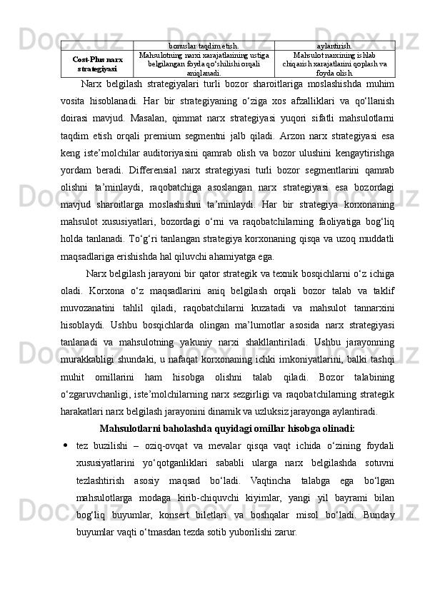 bonuslar taqdim etish. aylantirish.
Cost-Plus narx
strategiyasi Mahsulotning narxi xarajatlarining ustiga
belgilangan foyda qo‘shilishi orqali
aniqlanadi. Mahsulot narxining ishlab
chiqarish xarajatlarini qoplash va
foyda olish.
Narx   belgilash   strategiyalari   turli   bozor   sharoitlariga   moslashishda   muhim
vosita   hisoblanadi.   Har   bir   strategiyaning   o‘ziga   xos   afzalliklari   va   qo‘llanish
doirasi   mavjud.   Masalan,   qimmat   narx   strategiyasi   yuqori   sifatli   mahsulotlarni
taqdim   etish   orqali   premium   segmentni   jalb   qiladi.   Arzon   narx   strategiyasi   esa
keng   iste’molchilar   auditoriyasini   qamrab   olish   va   bozor   ulushini   kengaytirishga
yordam   beradi.   Differensial   narx   strategiyasi   turli   bozor   segmentlarini   qamrab
olishni   ta’minlaydi,   raqobatchiga   asoslangan   narx   strategiyasi   esa   bozordagi
mavjud   sharoitlarga   moslashishni   ta’minlaydi.   Har   bir   strategiya   korxonaning
mahsulot   xususiyatlari,   bozordagi   o‘rni   va   raqobatchilarning   faoliyatiga   bog‘liq
holda tanlanadi. To‘g‘ri tanlangan strategiya korxonaning qisqa va uzoq muddatli
maqsadlariga erishishda hal qiluvchi ahamiyatga ega.
Narx belgilash jarayoni bir qator strategik va texnik bosqichlarni o‘z ichiga
oladi.   Korxona   o‘z   maqsadlarini   aniq   belgilash   orqali   bozor   talab   va   taklif
muvozanatini   tahlil   qiladi,   raqobatchilarni   kuzatadi   va   mahsulot   tannarxini
hisoblaydi.   Ushbu   bosqichlarda   olingan   ma’lumotlar   asosida   narx   strategiyasi
tanlanadi   va   mahsulotning   yakuniy   narxi   shakllantiriladi.   Ushbu   jarayonning
murakkabligi   shundaki,   u   nafaqat   korxonaning   ichki   imkoniyatlarini,   balki   tashqi
muhit   omillarini   ham   hisobga   olishni   talab   qiladi.   Bozor   talabining
o‘zgaruvchanligi, iste’molchilarning narx sezgirligi  va raqobatchilarning strategik
harakatlari narx belgilash jarayonini dinamik va uzluksiz jarayonga aylantiradi.
Mahsulotlarni baholashda quyidagi omillar hisobga olinadi:
 tez   buzilishi   –   oziq-ovqat   va   mevalar   qisqa   vaqt   ichida   o‘zining   foydali
xususiyatlarini   yo‘qotganliklari   sababli   ularga   narx   belgilashda   sotuvni
tezlashtirish   asosiy   maqsad   bo‘ladi.   Vaqtincha   talabga   ega   bo‘lgan
mahsulotlarga   modaga   kirib-chiquvchi   kiyimlar,   yangi   yil   bayrami   bilan
bog‘liq   buyumlar,   konsert   biletlari   va   boshqalar   misol   bo‘ladi.   Bunday
buyumlar vaqti o‘tmasdan tezda sotib yuborilishi zarur.  