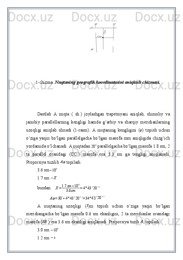 1-chizma.  Nuqtaning geografik koordinatasini aniqlash chizmasi.
Dastlab   A   nuqta   (   sh.)   joylashgan   trapetsiyani   aniqlab,   shimoliy   va
janubiy   parallellarning   kengligi   hamda   g‘arbiy   va   sharqiy   meridianlarning
uzoqligi   aniqlab   olinadi   (1-rasm).   A   nuqtaning   kengligini   (φ )   topish   uchun
o‘ziga  yaqin   bo‘lgan  parallelgacha  bo‘lgan  masofa   mm  aniqligida   chizg‘ich
yordamida o‘lchanadi. A nuqtadan  20 0
 parallelgacha bo‘lgan masofa  1.8 s m, 2
ta   parallel   orasidagi   (CC´)   masofa   esa   3.3   s m   ga   tengligi   aniqlanadi.
Propor s iya tuzi li b 	
Aφ  topiladi.  
3.6   sm	
−10	0
1.7 sm 	
−	X  
b undan       X = 1.7 sm ⨯ 10 0
3.6 sm = 4 ° 43 ' 20 ' '
           	
Aφ=	30	°+4°43	'20	''=	34	° 43 ' 20 ' '
A   nuqtaning   uzoqligi   (
λ )ni   topish   uchun   o‘ziga   yaqin   bo‘lgan
meridiangacha  bo‘lgan  masofa  0.6  sm  ekanligini,  2  ta  meridianlar  orasidagi
masofa (	
BB  	́) esa 3.6 sm ekanligi aniqlanadi. Proporsiya tuzib 	Aλ  topiladi.
3.0   s m 	
−10	0   
1.2   s m 	
−	x 