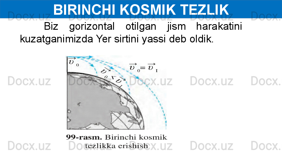 BIRINCHI KOSMIK TEZLIK
Biz  gorizontal  otilgan  jism  harakatini 
kuzatganimizda Yer sirtini yassi deb oldik. 