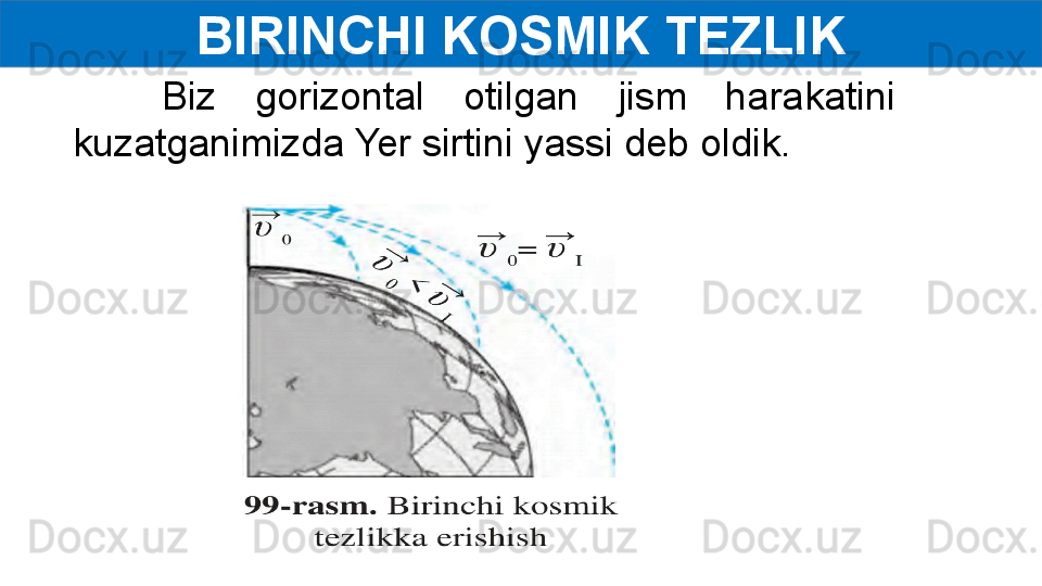 BIRINCHI KOSMIK TEZLIK
Biz  gorizontal  otilgan  jism  harakatini 
kuzatganimizda Yer sirtini yassi deb oldik.