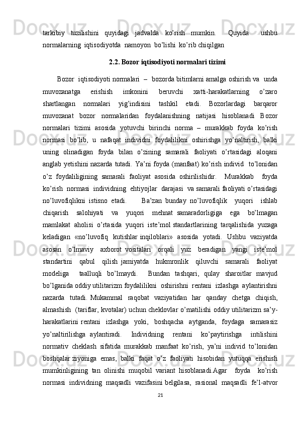 tarkibiy   tuzilishini   quyidagi   jadvalda   ko’rish   mumkin.     Quyida     ushbu
normalarning  iqtisodiyotda  namoyon  bo’lishi  ko’rib chiqilgan
2.2. Bozor iqtisodiyoti normalari tizimi
Bozor  iqtisodiyoti normalari  –  bozorda bitimlarni amalga oshirish va  unda
muvozanatga     erishish     imkonini     beruvchi     xatti-harakatlarning     o’zaro
shartlangan     normalari     yig’indisini     tashkil     etadi.     Bozorlardagi     barqaror
muvozanat   bozor   normalaridan   foydalanishning   natijasi   hisoblanadi   Bozor
normalari  tizimi   asosida  yotuvchi  birinchi   norma  –  murakkab  foyda   ko’rish
normasi   bo’lib,  u  nafaqat  individni   foydalilikni  oshirishga   yo’naltirish,  balki
uning   olinadigan   foyda   bilan   o’zining   samarali   faoliyati   o’rtasidagi   aloqani
anglab yetishini  nazarda tutadi. Ya’ni  foyda (manfaat)  ko’rish individ   to’lonidan
o’z   foydaliligining   samarali   faoliyat   asosida   oshirilishidir.     Murakkab     foyda
ko’rish  normasi  individning  ehtiyojlar  darajasi  va samarali faoliyati o’rtasidagi
no’luvofiqlikni   istisno   etadi.         Ba’zan   bunday   no’luvofiqlik     yuqori     ishlab
chiqarish     salohiyati     va     yuqori     mehnat   samaradorligiga     ega     bo’lmagan
mamlakat  aholisi  o’rtasida  yuqori  iste’mol standartlarining  tarqalishida  yuzaga
keladigan   «no’luvofiq   kutishlar  inqiloblari»   asosida    yotadi.   Ushbu   vaziyatda
asosan     o’lmaviy     axborot   vositalari     orqali     yuz     beradigan     yangi     iste’mol
standartini     qabul     qilish   jamiyatda     hukmronlik     qiluvchi     samarali     faoliyat
modeliga     taalluqli   bo’lmaydi.     Bundan   tashqari,   qulay   sharoitlar   mavjud
bo’lganida oddiy utilitarizm foydalilikni  oshirishni  rentani  izlashga  aylantirishni
nazarda     tutadi.   Mukammal     raqobat     vaziyatidan     har     qanday     chetga     chiqish,
almashish   (tariflar, kvotalar) uchun cheklovlar o’rnatilishi oddiy utilitarizm sa’y-
harakatlarini   rentani     izlashga     yoki,     boshqacha     aytganda,     foydaga     samarasiz
yo’naltirilishga   aylantiradi.     Individning     rentani     ko’paytirishga     intilishini
normativ   cheklash   sifatida   murakkab   manfaat   ko’rish,   ya’ni   individ   to’lonidan
boshqalar ziyoniga  emas,  balki  faqat  o’z  faoliyati  hisobidan  yutuqqa  erishish
mumkinligining   tan   olinishi   muqobil   variant   hisoblanadi.Agar     foyda     ko’rish
normasi  individning  maqsadli  vazifasini belgilasa,  rasional  maqsadli  fe’l-atvor
21 