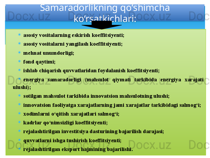 
asosiy vositalarning eskirish koeffitsiyenti; 
asosiy vositalarni yangilash koeffitsiyenti; 
mehnat unumdorligi; 
fond qaytimi; 
ishlab chiqarish quvvatlaridan foydalanish koeffitsiyenti;
energiya  samaradorligi  (mahsulot  qiymati  tarkibida  energiya  xarajati 
ulushi); 
sotilgan mahsulot tarkibida innovatsion mahsulotning ulushi;
innovatsion faoliyatga xarajatlarning jami xarajatlar tarkibidagi salmog‘i; 
xodimlarni o‘qitish xarajatlari salmog‘i; 
kadrlar qo‘nimsizligi koeffitsiyenti; 
rejalashtirilgan investitsiya dasturining bajarilish darajasi; 
quvvatlarni ishga tushirish koeffitsiyenti; 
rejalashtirilgan eksport hajmining bajarilishi. Samaradorlikning qo‘shimcha 
ko‘rsatkichlari:
