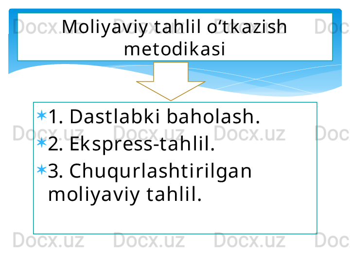 
1. Dast labk i baholash.

2. Ek spress-t ahlil.  

3. Chuqurlasht irilgan 
moliy av iy  t ahlil. Moliy av iy  t ahlil o‘t k azish 
met odik asi   