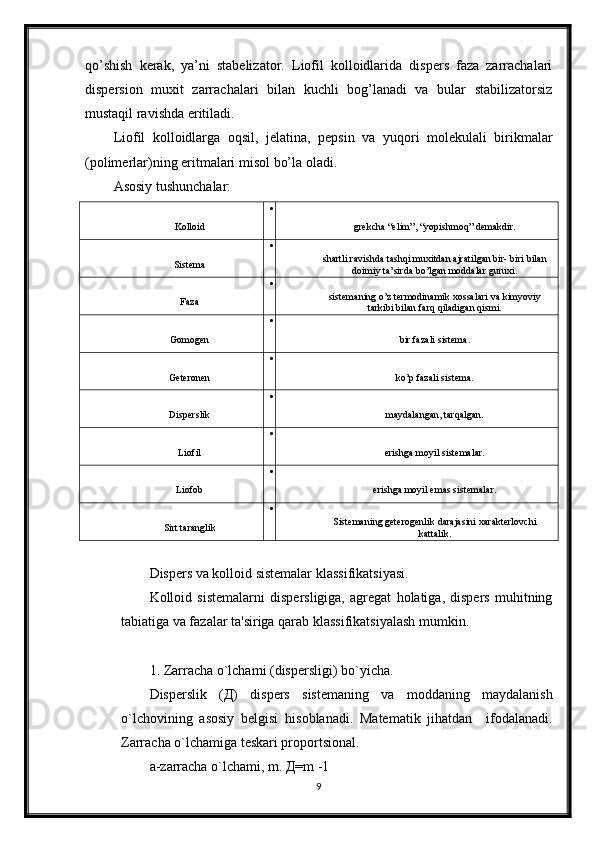 qo’shish   kerak,   ya’ni   stabelizator.   Liofil   kolloidlarida   dispers   faza   zarrachalari
dispersion   muxit   zarrachalari   bilan   kuchli   bog’lanadi   va   bular   stabilizatorsiz
mustaqil ravishda eritiladi. 
Liofil   kolloidlarga   oqsil,   jelatina,   pepsin   va   yuqori   molekulali   birikmalar
(polimerlar)ning eritmalari misol bo’la oladi. 
Asosiy tushunchalar:
Kolloid 
grekcha “elim”, “yopishmoq” demakdir.
Sistema 
shartli ravishda tashqi muxitdan ajratilgan bir- biri bilan
doimiy ta’sirda bo’lgan moddalar guruxi.
Faza 
sistemaning o’z termodinamik xossalari va kimyoviy
tarkibi bilan farq qiladigan qismi.
Gomogen 
bir fazali sistema.
Geteronen 
ko’p fazali sistema.
Disperslik 
maydalangan, tarqalgan.
Liofil 
erishga moyil sistemalar.
Liofob 
erishga moyil emas sistemalar.
Sirt taranglik 
Sistemaning geterogenlik darajasini xarakterlovchi
kattalik.
Dispеrs va kolloid sistеmalar klassifikatsiyasi. 
Kolloid   sistеmalarni   dispеrsligiga,   agrеgat   holatiga,   dispеrs   muhitning
tabiatiga va fazalar ta'siriga qarab klassifikatsiyalash mumkin. 
1. Zarracha o`lchami (dispеrsligi) bo`yicha. 
Dispеrslik   (Д)   dispеrs   sistеmaning   va   moddaning   maydalanish
o`lchovining   asosiy   bеlgisi   hisoblanadi.   Matеmatik   jihatdan     ifodalanadi.
Zarracha o`lchamiga tеskari proportsional. 
а-zarracha o`lchami, m. Д=m -1
9 